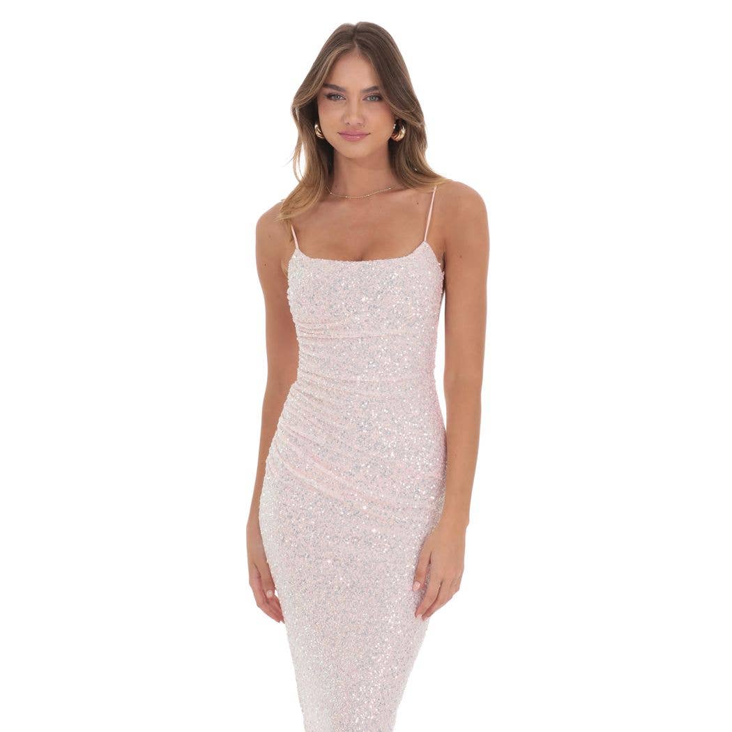 Iridescent Sequin Bodycon Maxi Dress in Pink