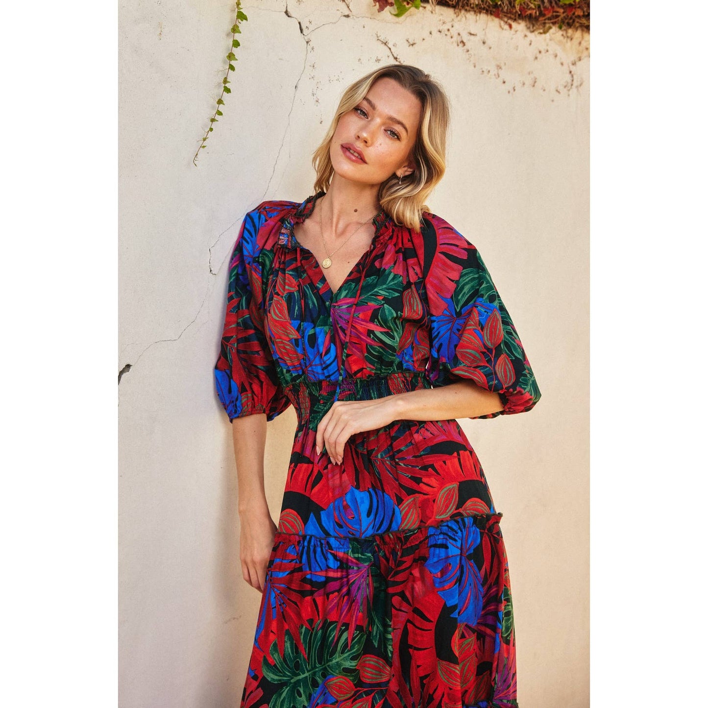 Tropical Print Puff Sleeve Maxi Dress