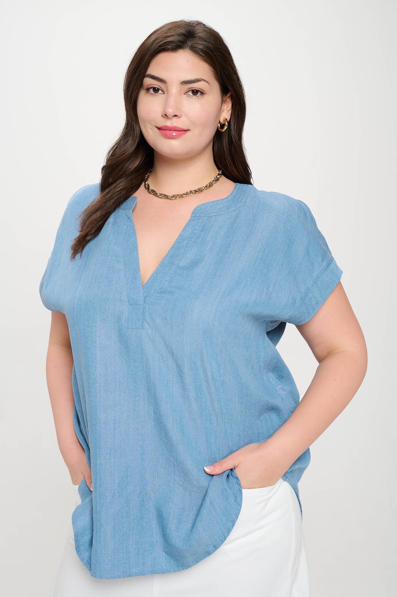 Chambray Split Neck Blouse