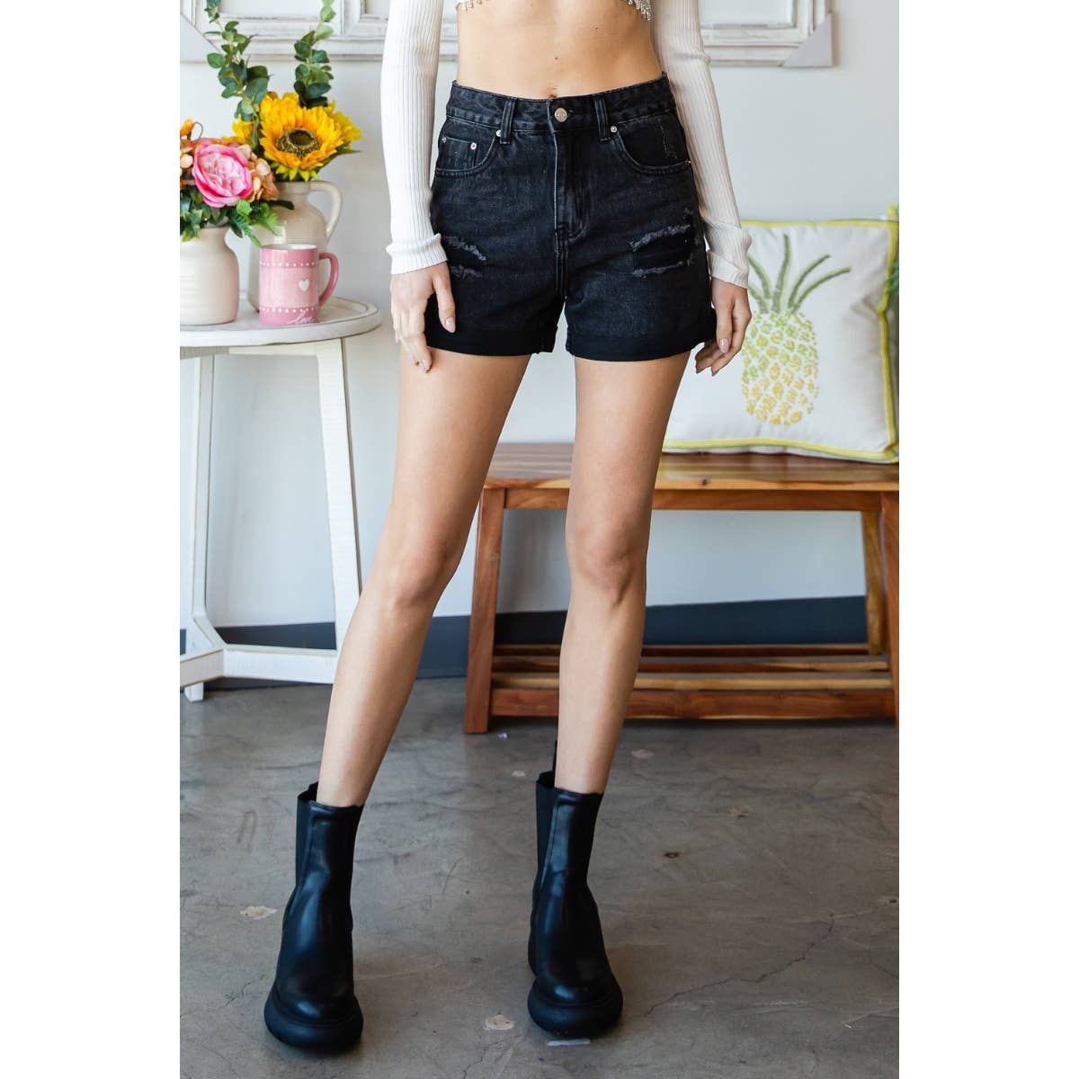 Distressed Roll Up Denim Shorts- Black – Songbird Sage