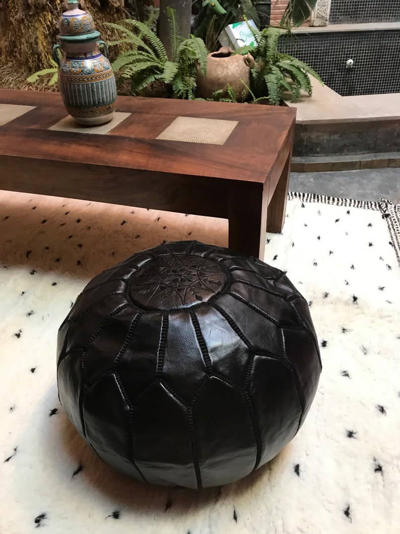 Moroccan Leather Pouffe - Black unfilled