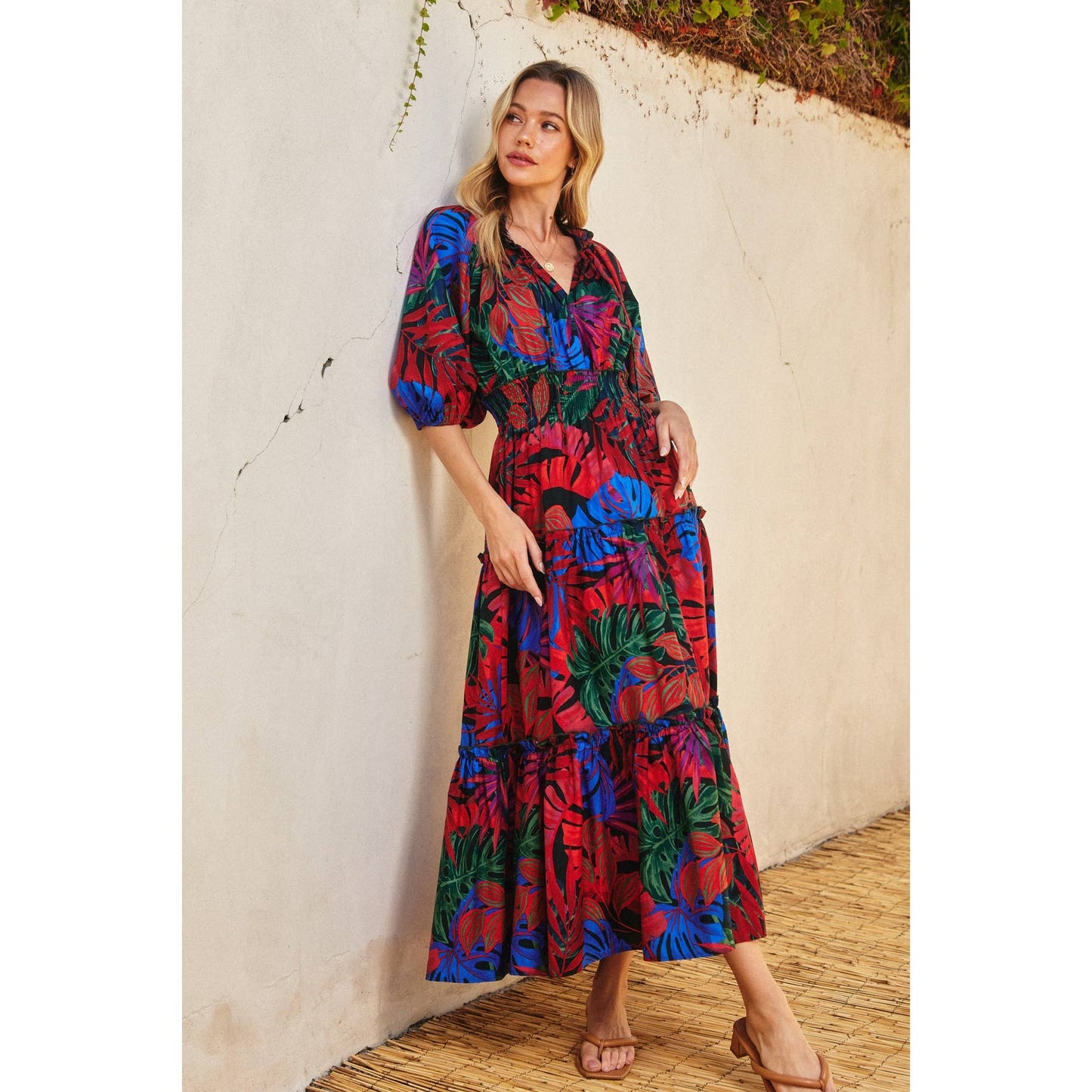 Tropical Print Puff Sleeve Maxi Dress