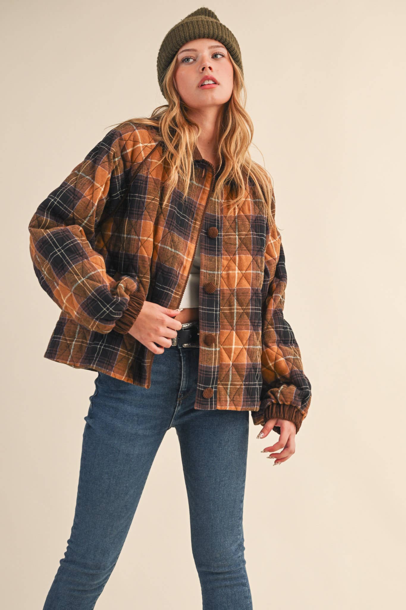 Plaid Quilted Jacket with Corduroy Detail