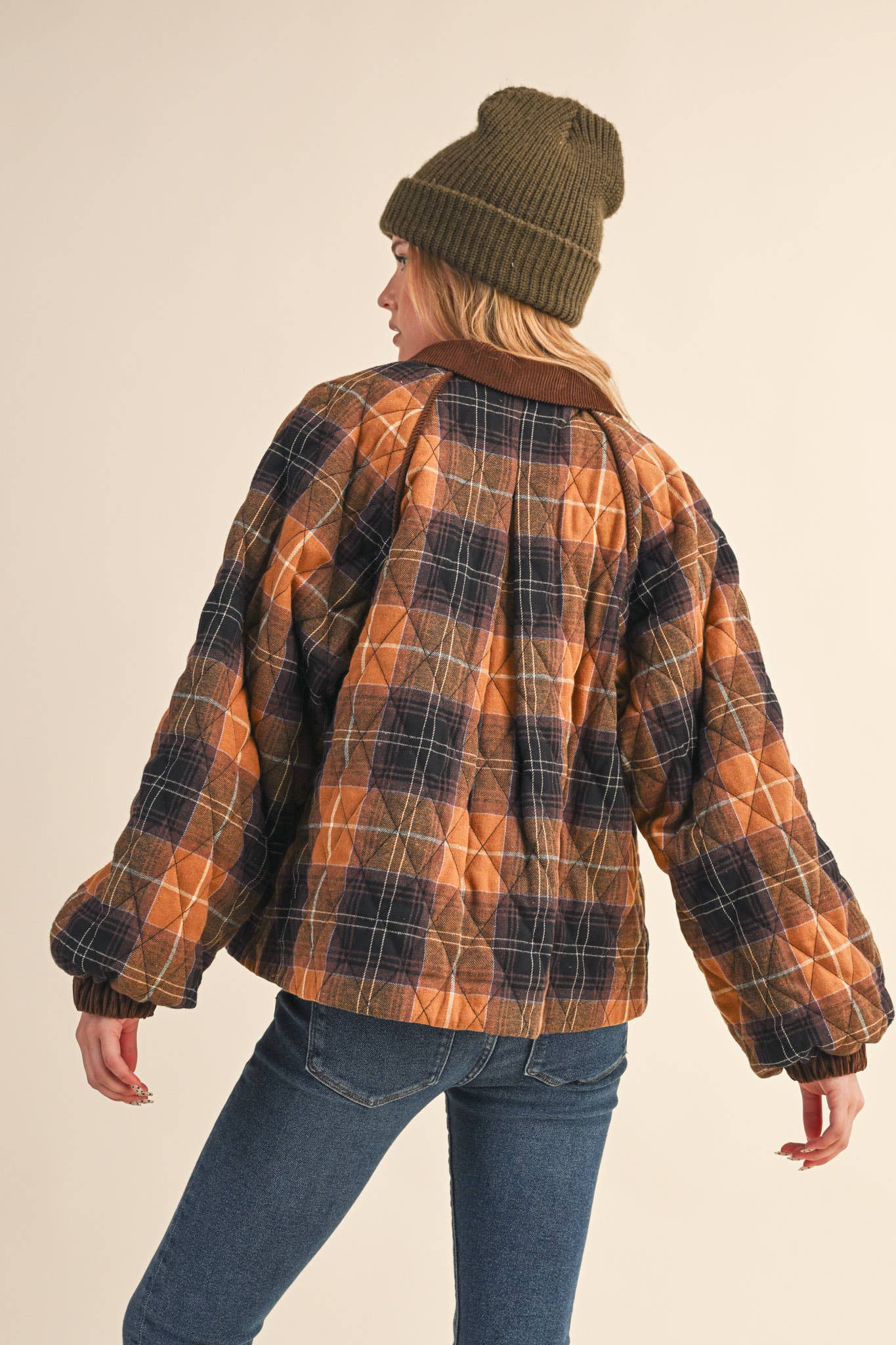 Plaid Quilted Jacket with Corduroy Detail