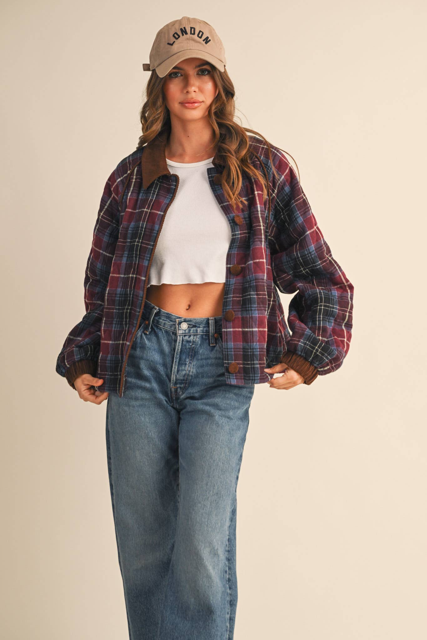 Plaid Quilted Jacket with Corduroy Detail