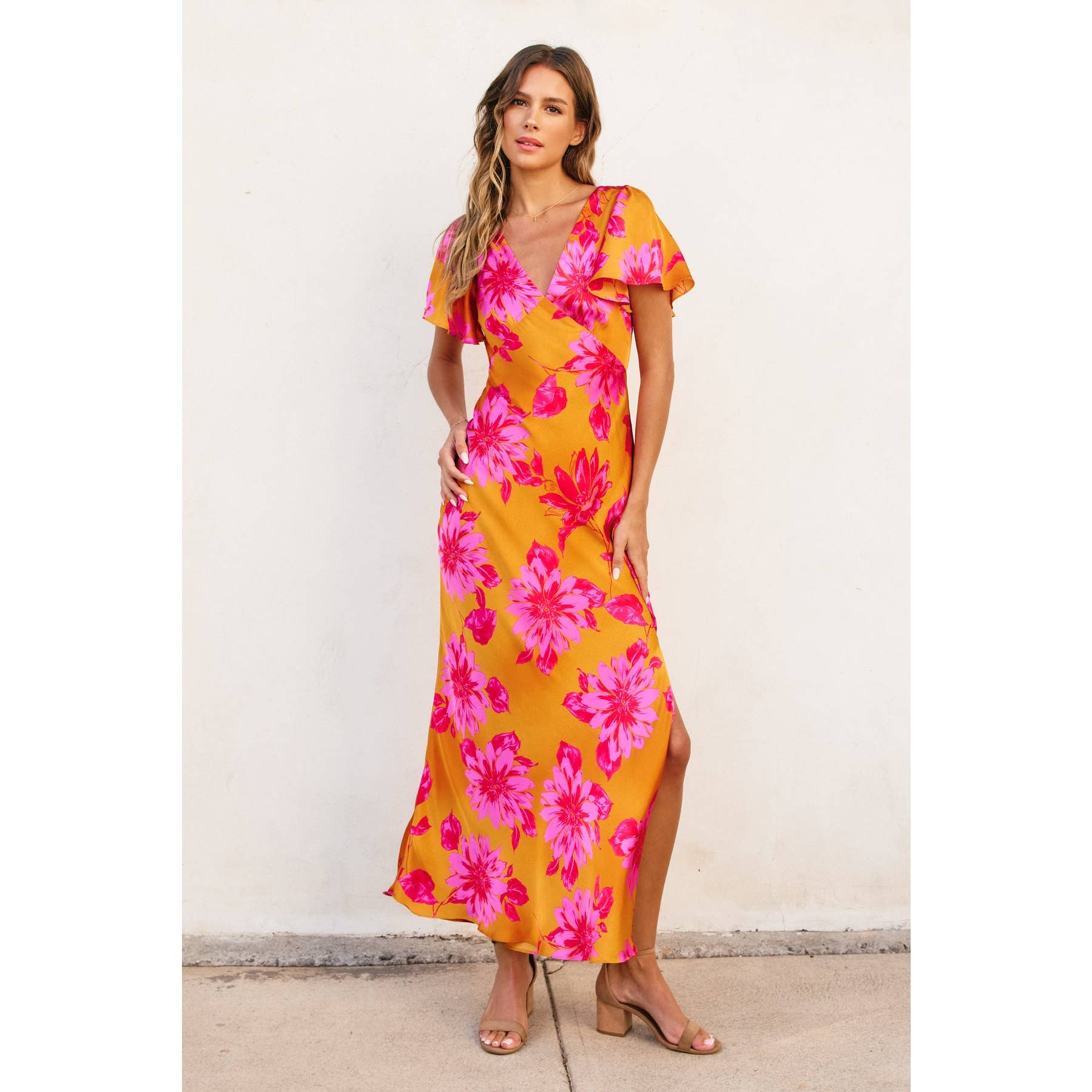 All In Love Flutter Sleeve Maxi Dress Hibiscus Floral / M