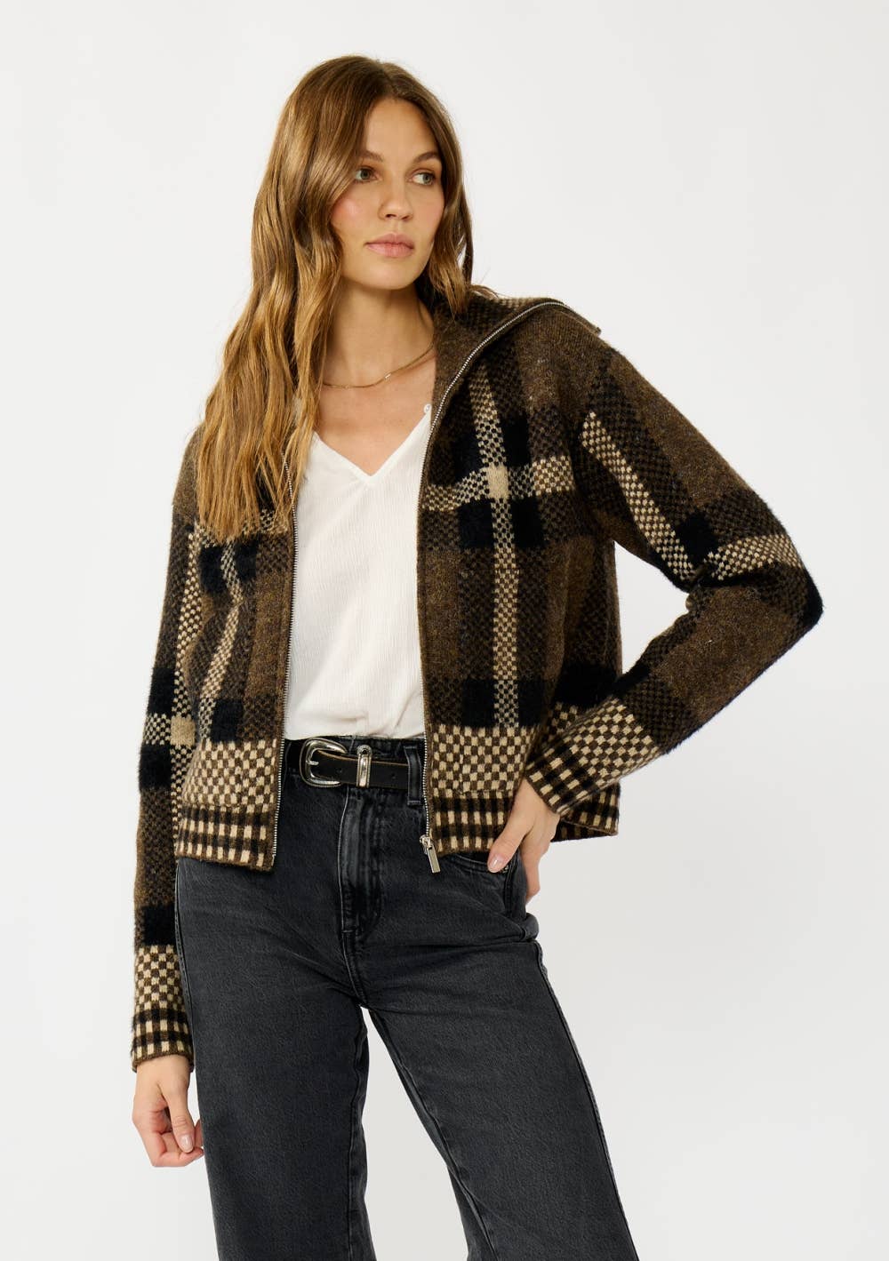 Plaid Knit Zip-Up Bomber Jacket