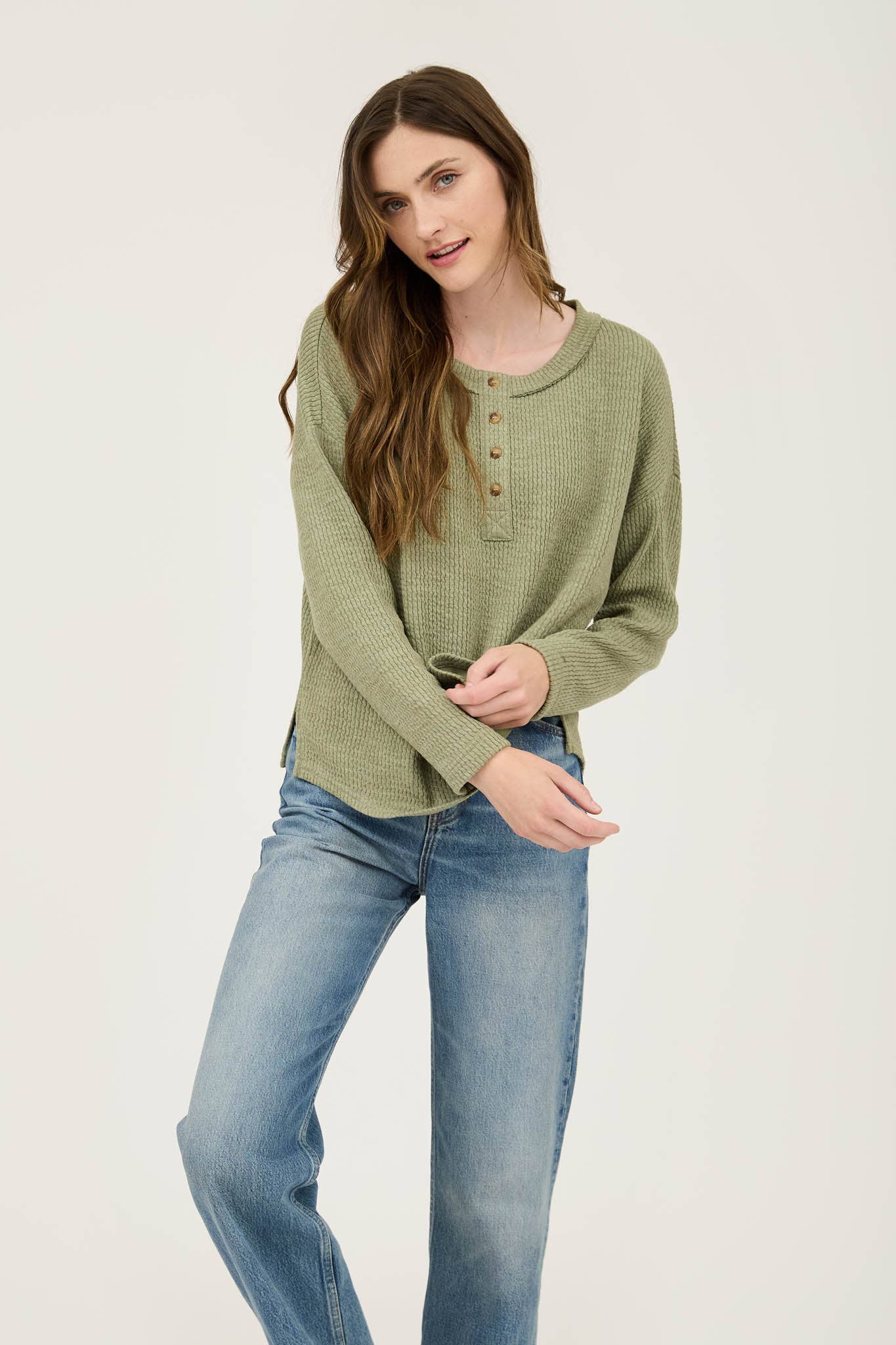 Waffle Knit Henley Long Sleeve