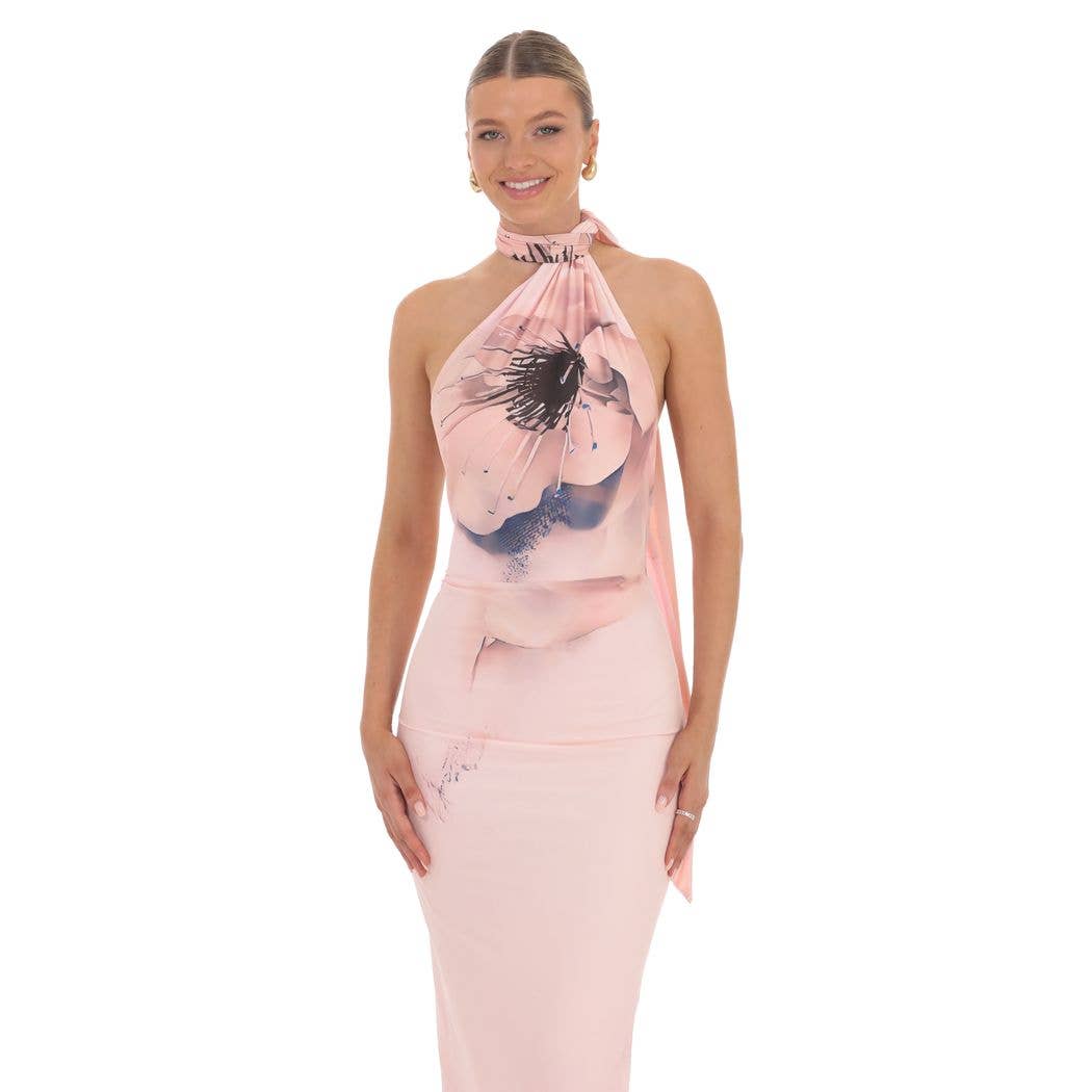 Mesh Floral Scarf Strap Maxi Dress in Pink