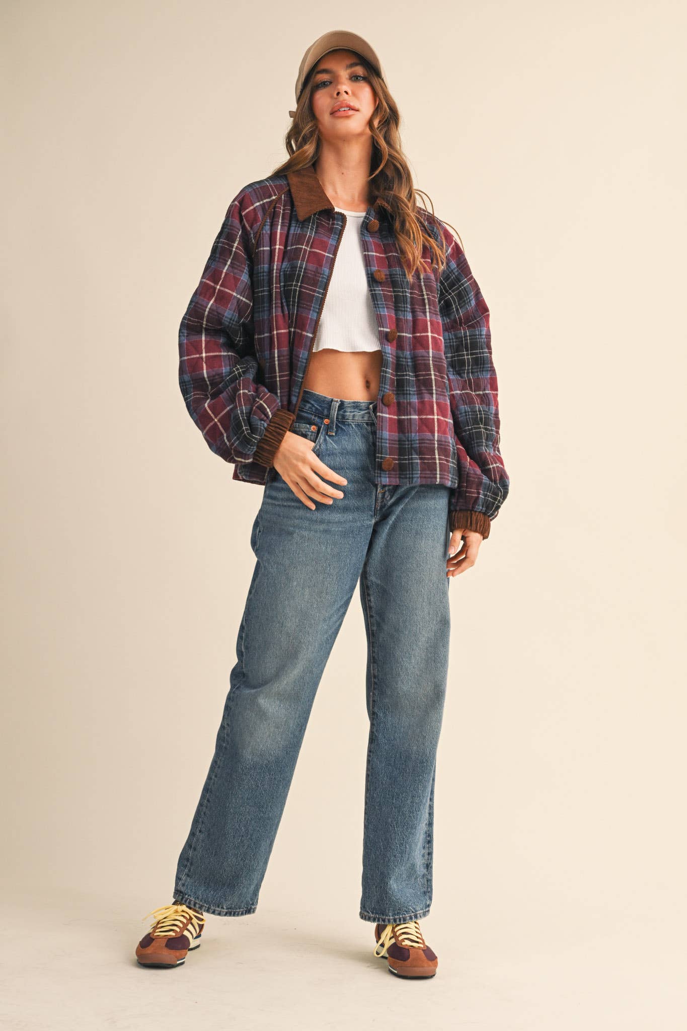 Plaid Quilted Jacket with Corduroy Detail