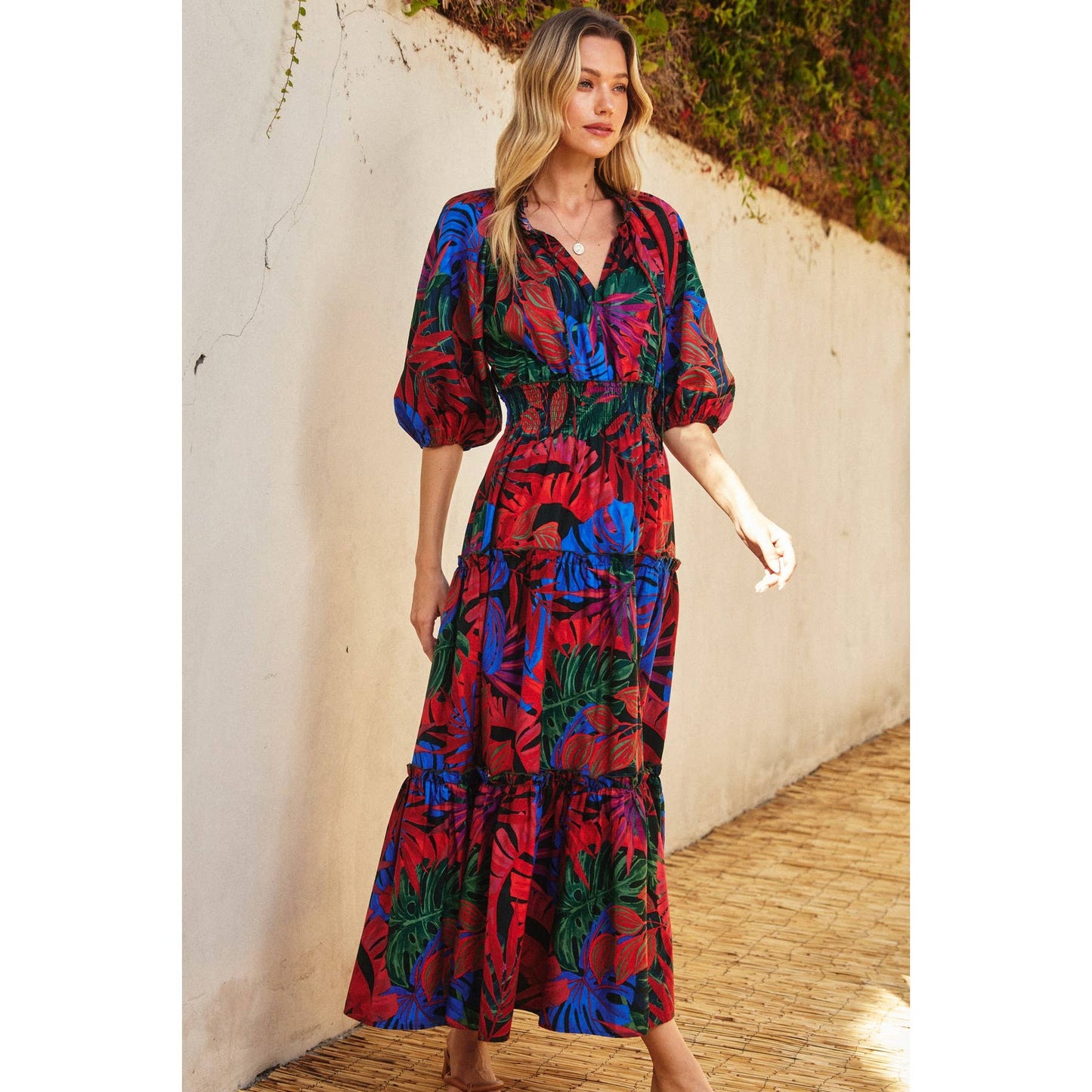Tropical Print Puff Sleeve Maxi Dress