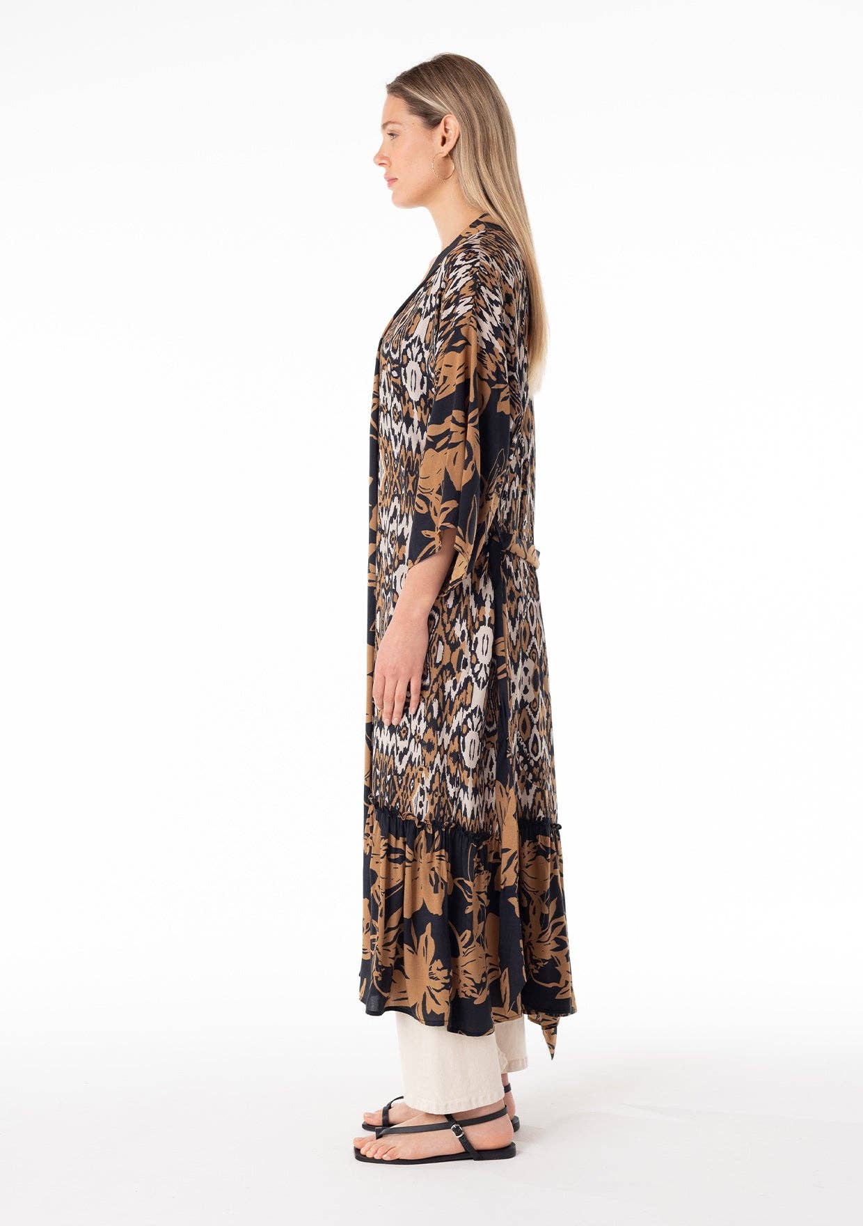 Tropical Ikat Printed Belted Maxi Kimono