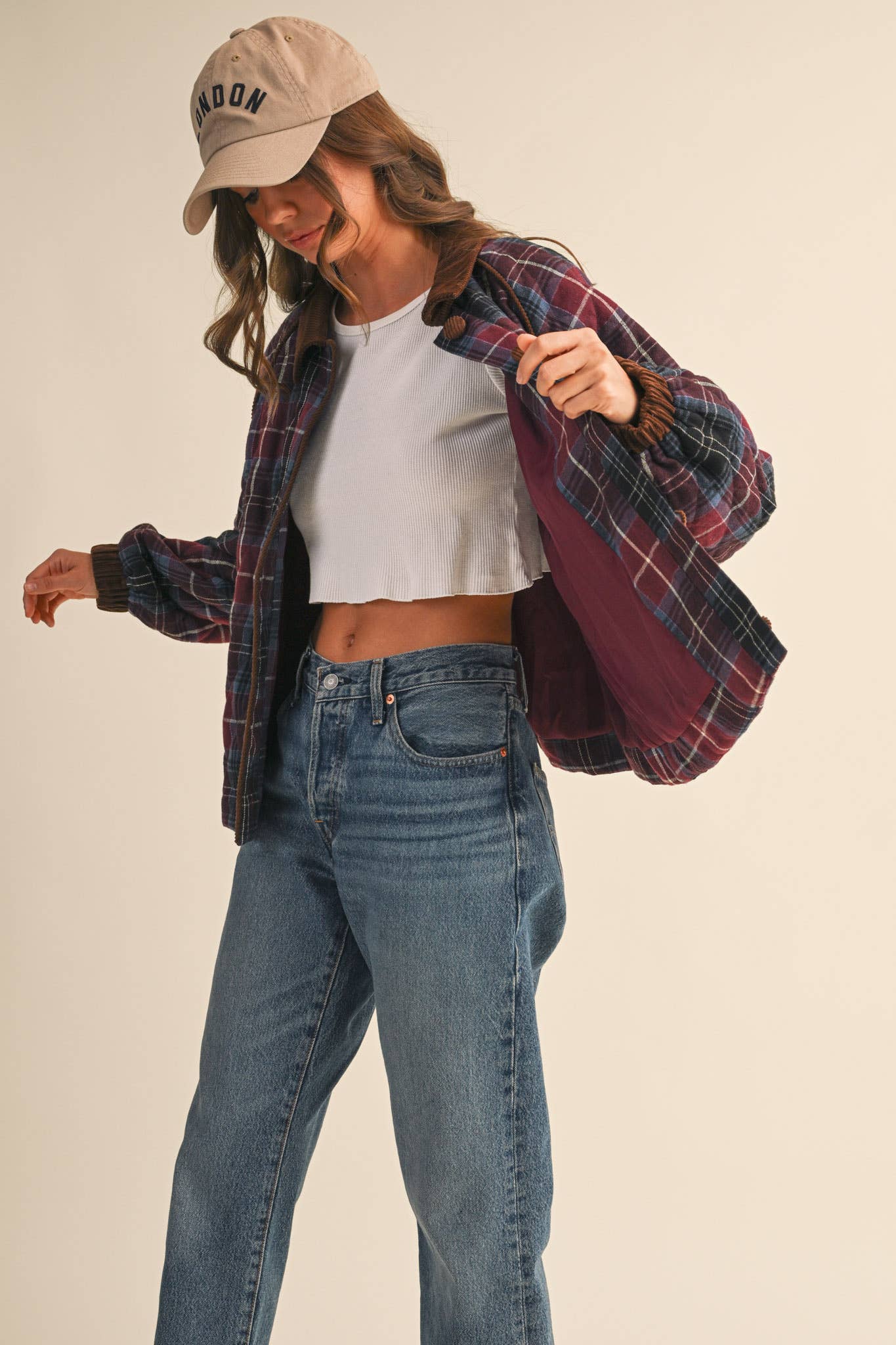 Plaid Quilted Jacket with Corduroy Detail