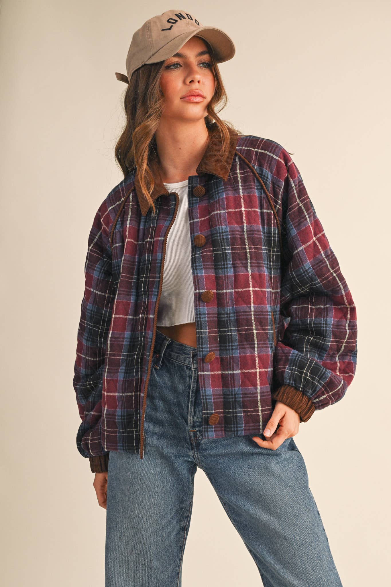 Plaid Quilted Jacket with Corduroy Detail