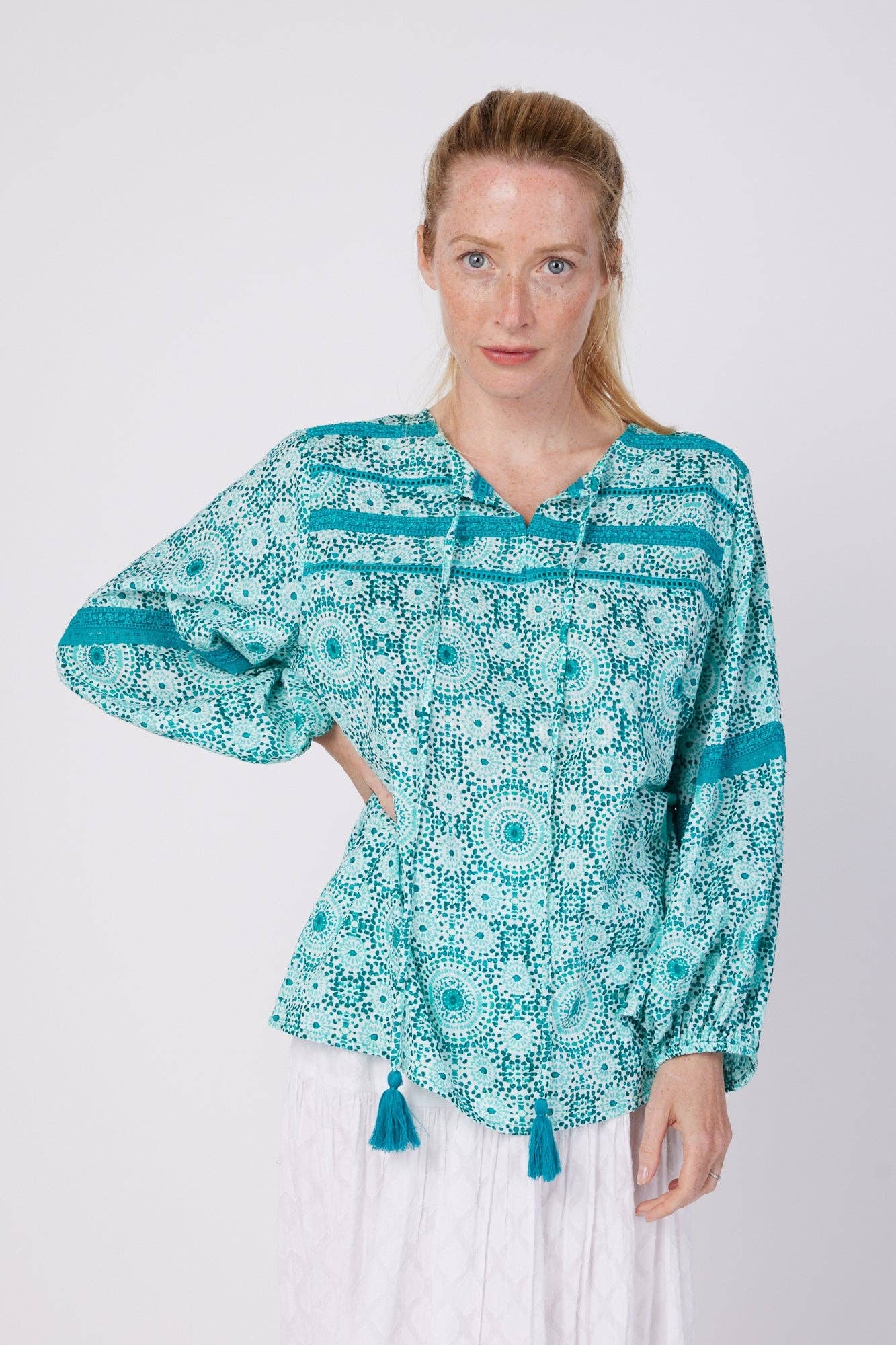 Leola Tassel Blouse Teal & White
