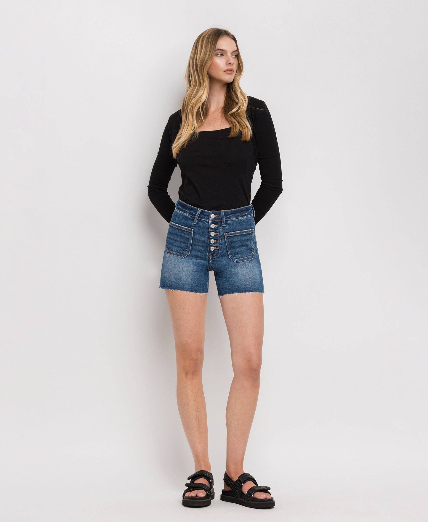 High Rise Patch Button Fly Shorts