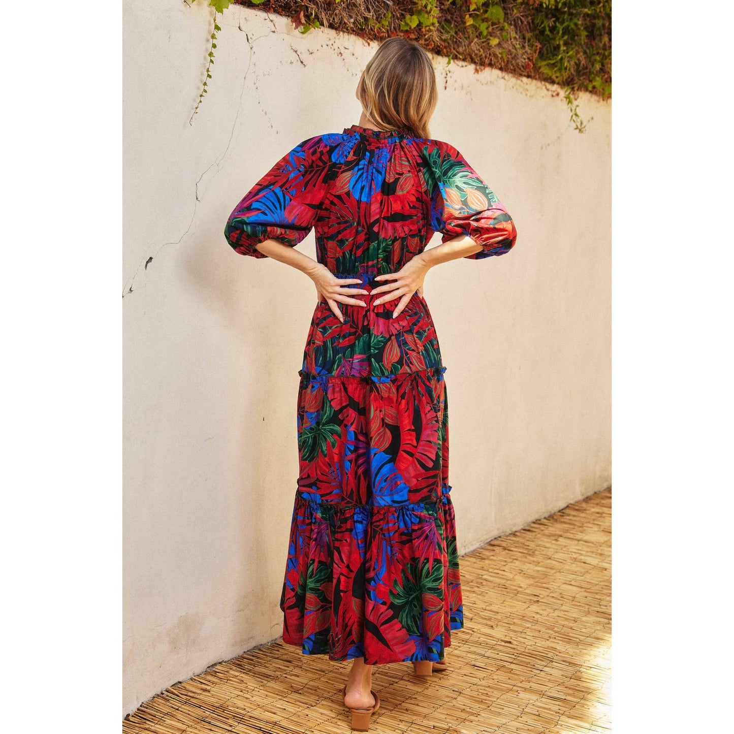 Tropical Print Puff Sleeve Maxi Dress
