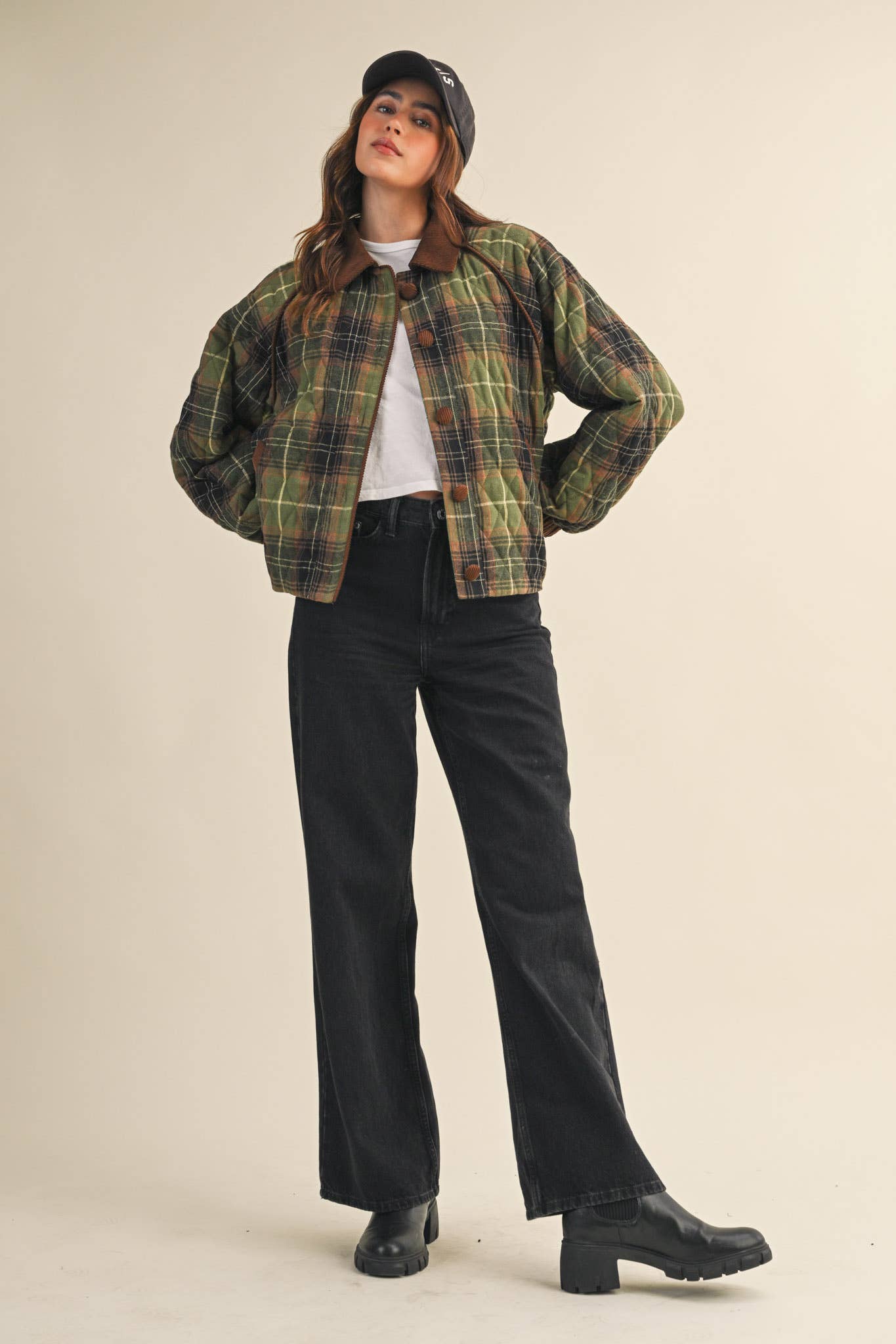 Plaid Quilted Jacket with Corduroy Detail