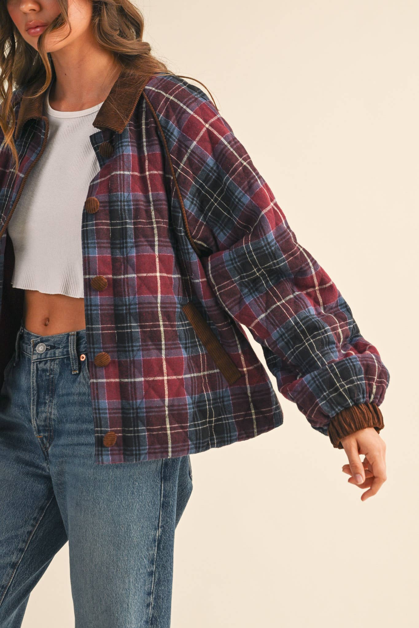 Plaid Quilted Jacket with Corduroy Detail