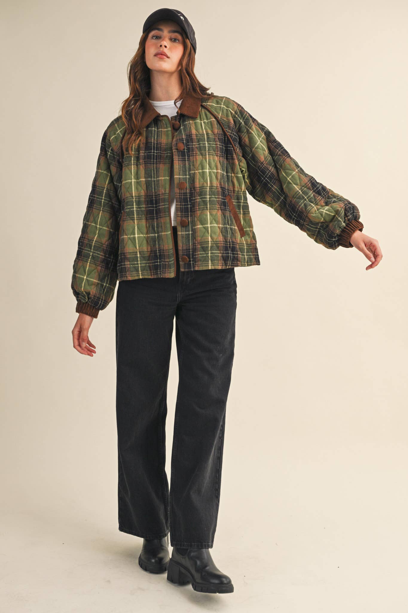 Plaid Quilted Jacket with Corduroy Detail