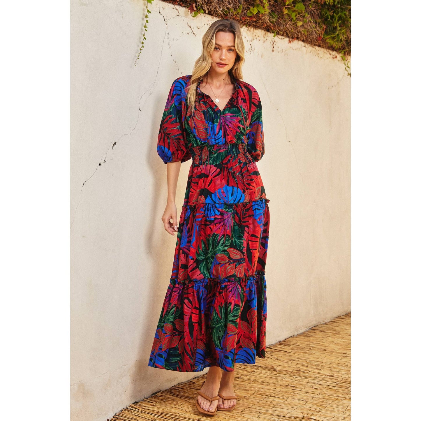 Tropical Print Puff Sleeve Maxi Dress