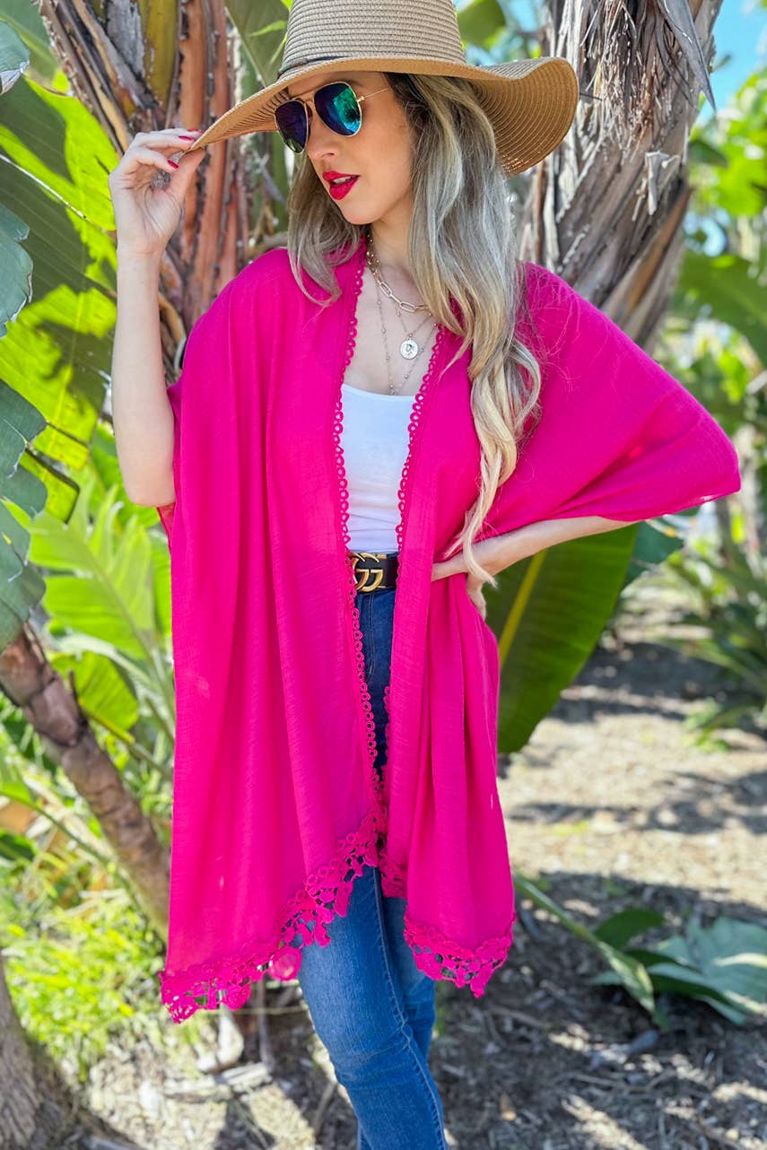 Fuchsia Lace Trim Kimono Cover Up