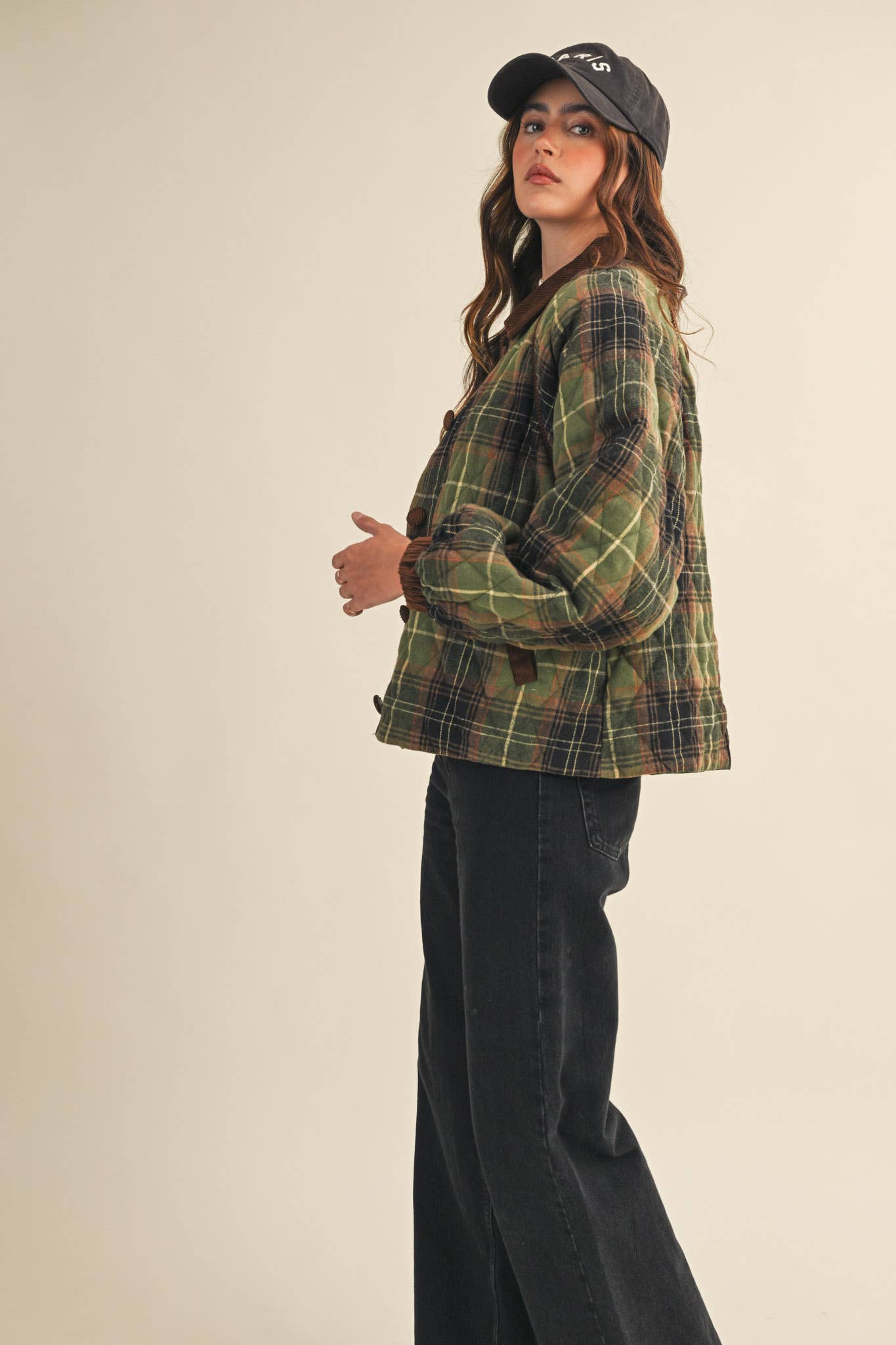 Plaid Quilted Jacket with Corduroy Detail