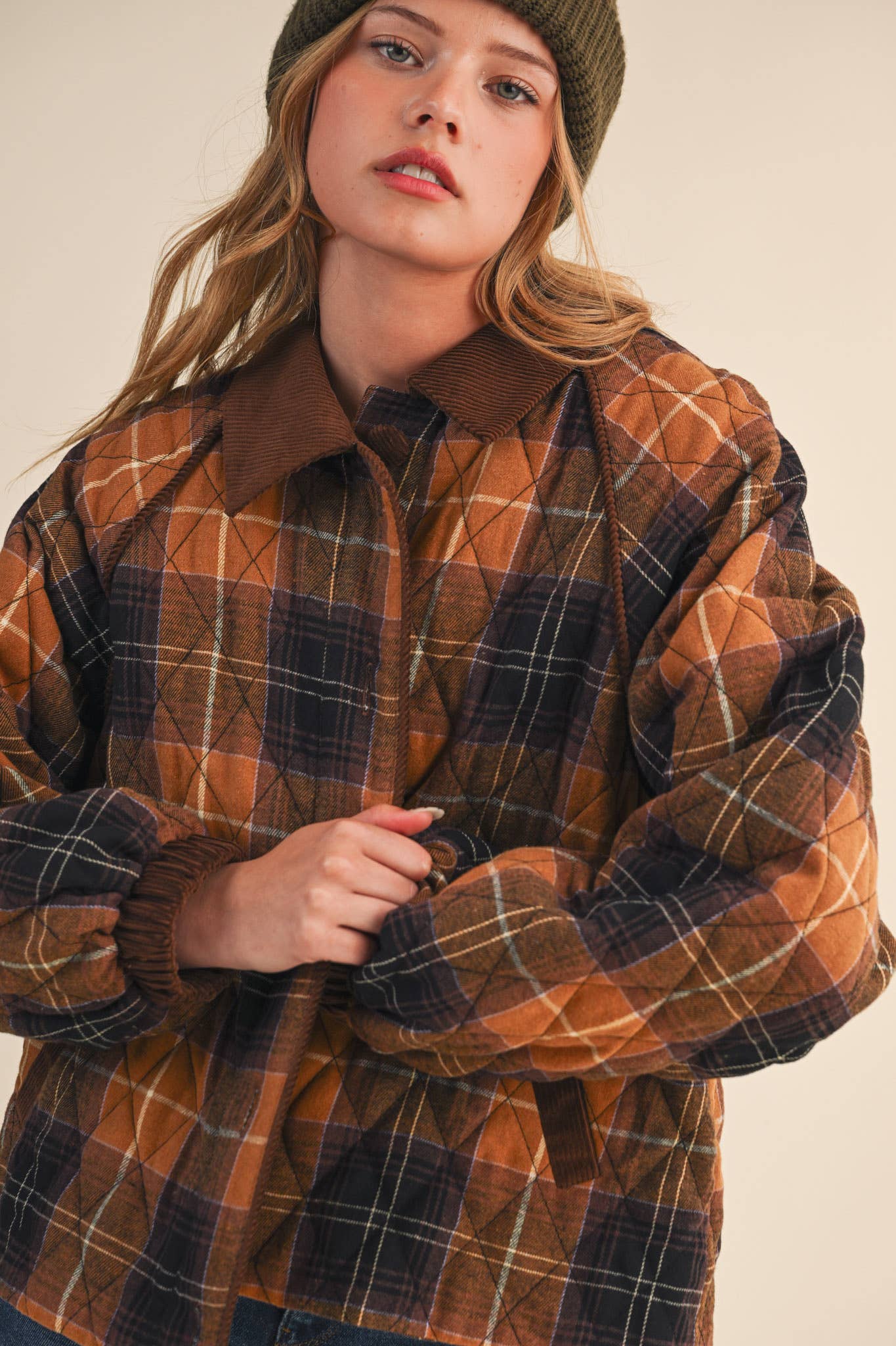 Plaid Quilted Jacket with Corduroy Detail
