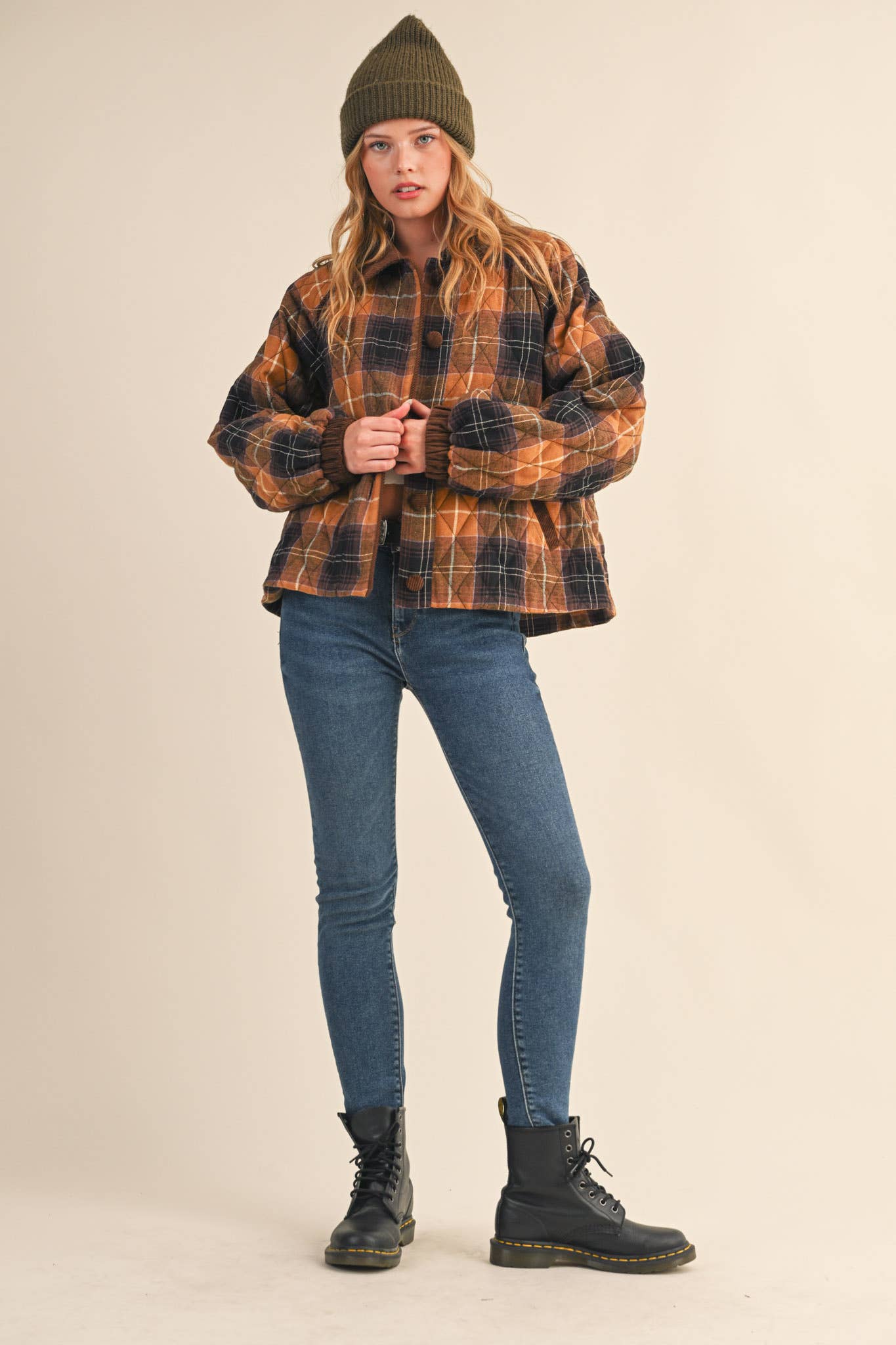 Plaid Quilted Jacket with Corduroy Detail
