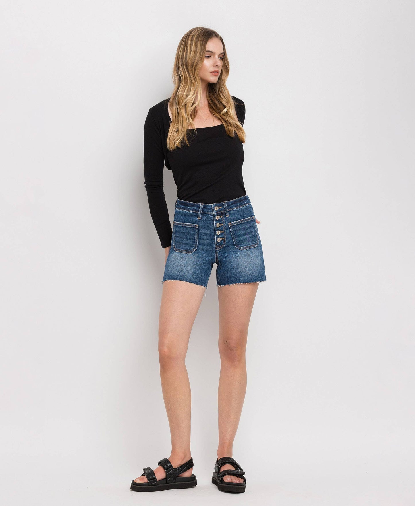 High Rise Patch Button Fly Shorts