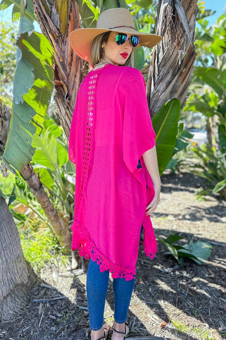 Fuchsia Lace Trim Kimono Cover Up