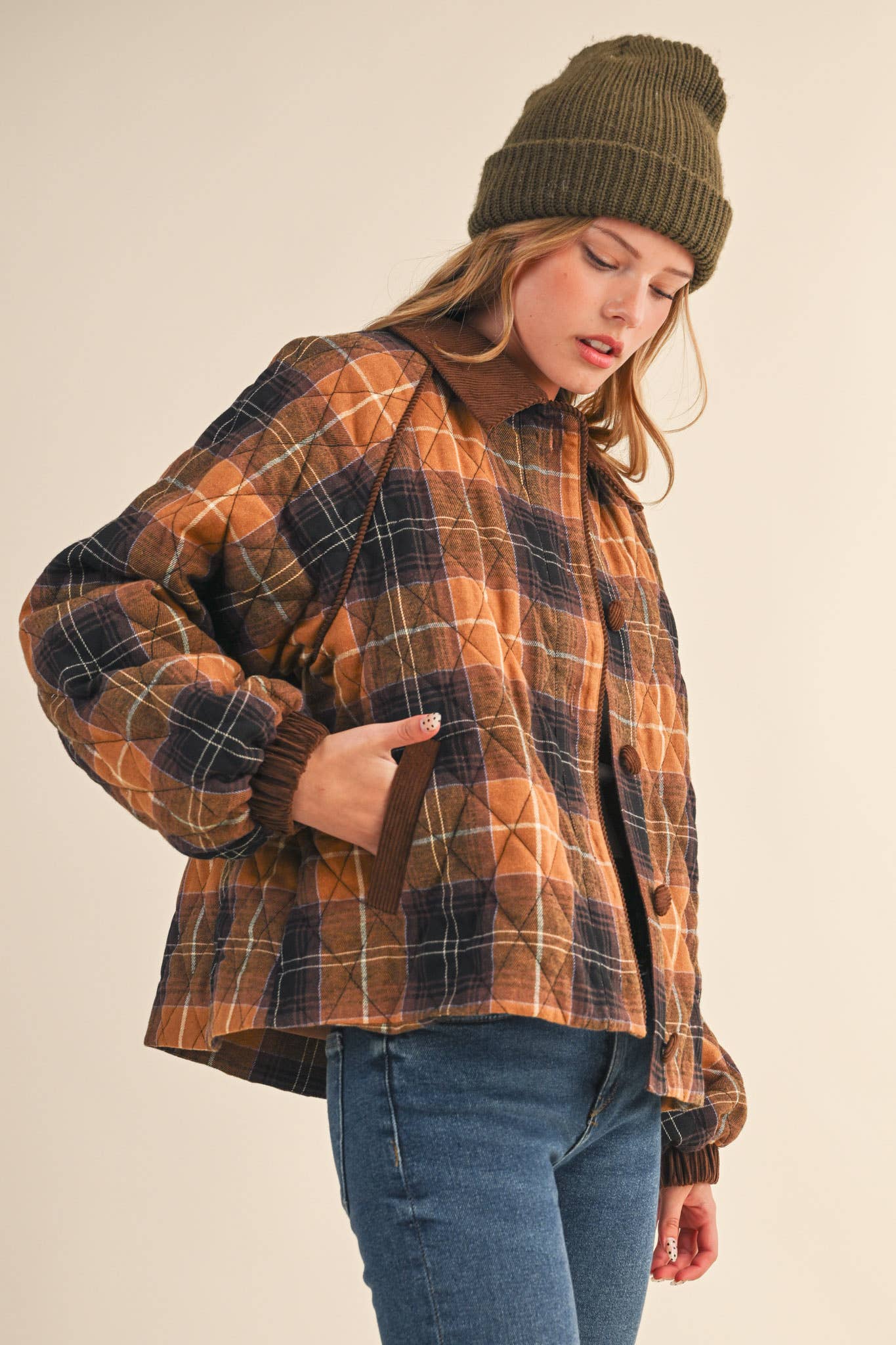 Plaid Quilted Jacket with Corduroy Detail