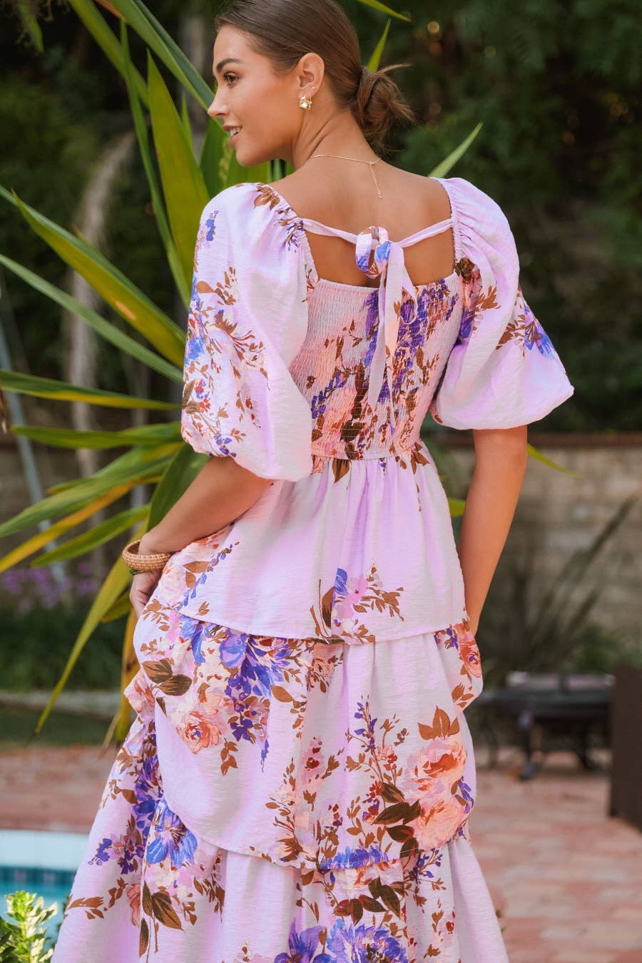 Purple Floral Tiered Midi Dress