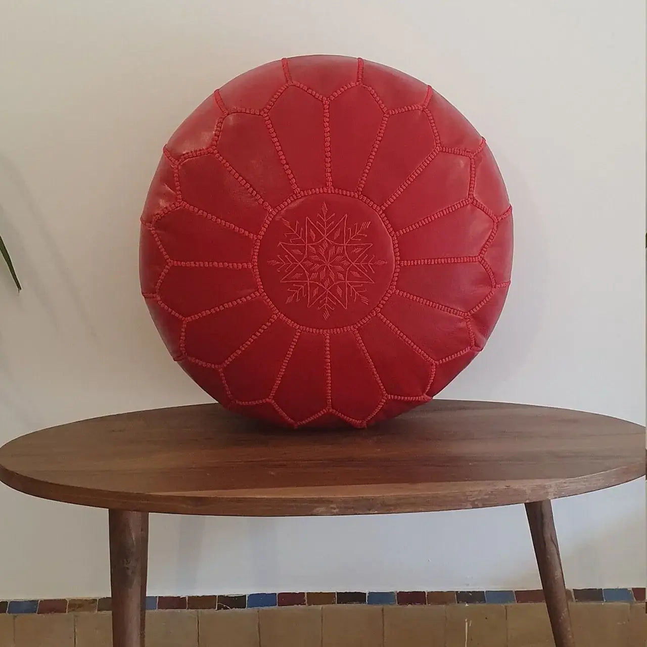 Handcrafted Red Moroccan Leather Pouf Unfilled
