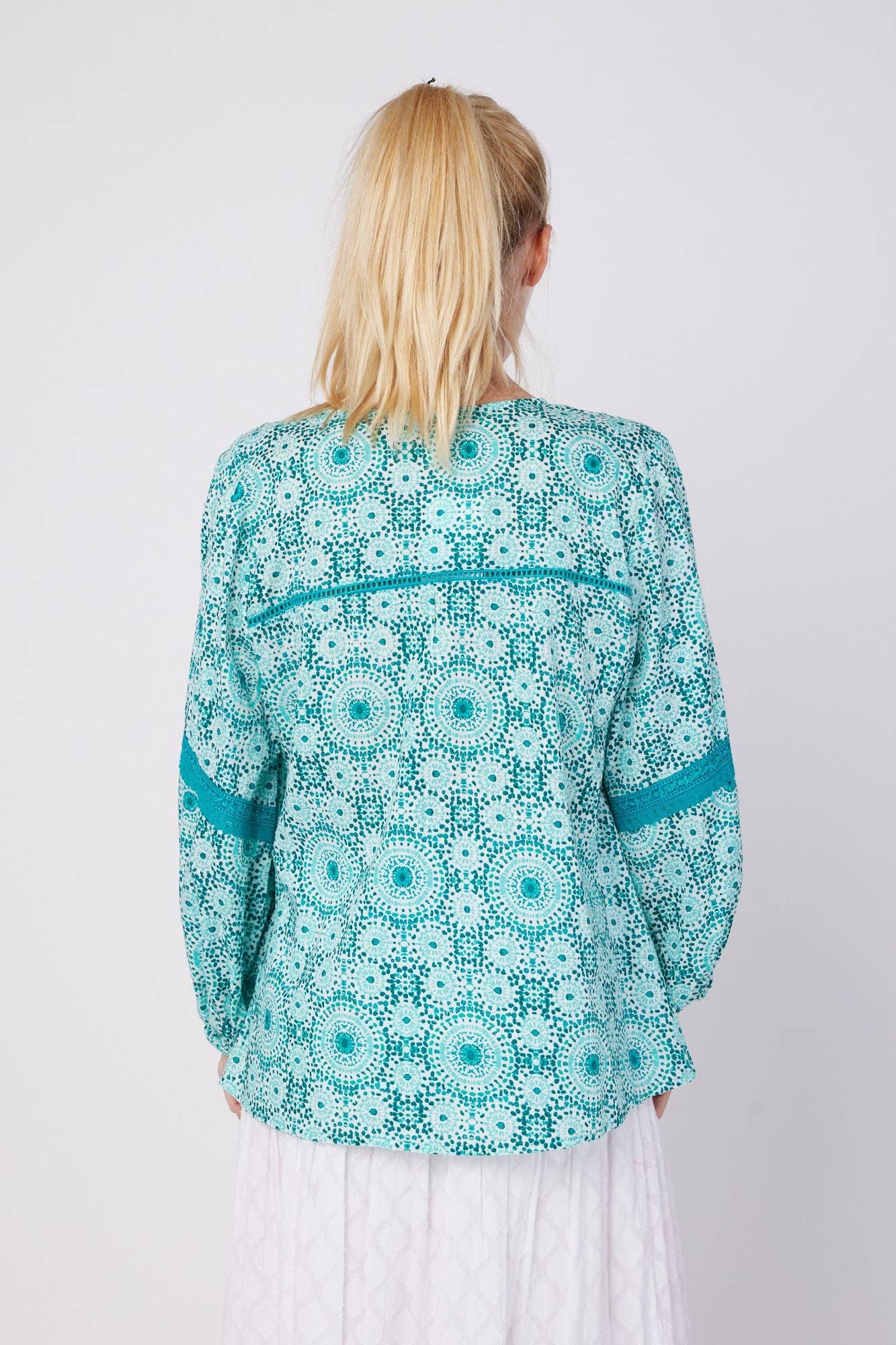 Leola Tassel Blouse Teal & White