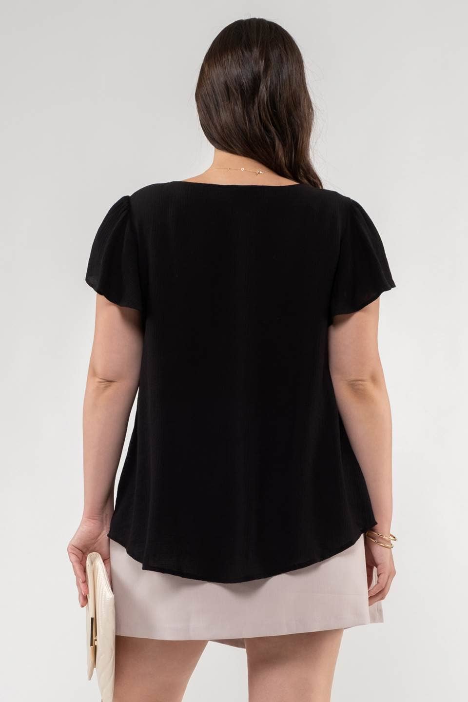V-Neck Scallop Trim Blouse w/Tulip Sleeve