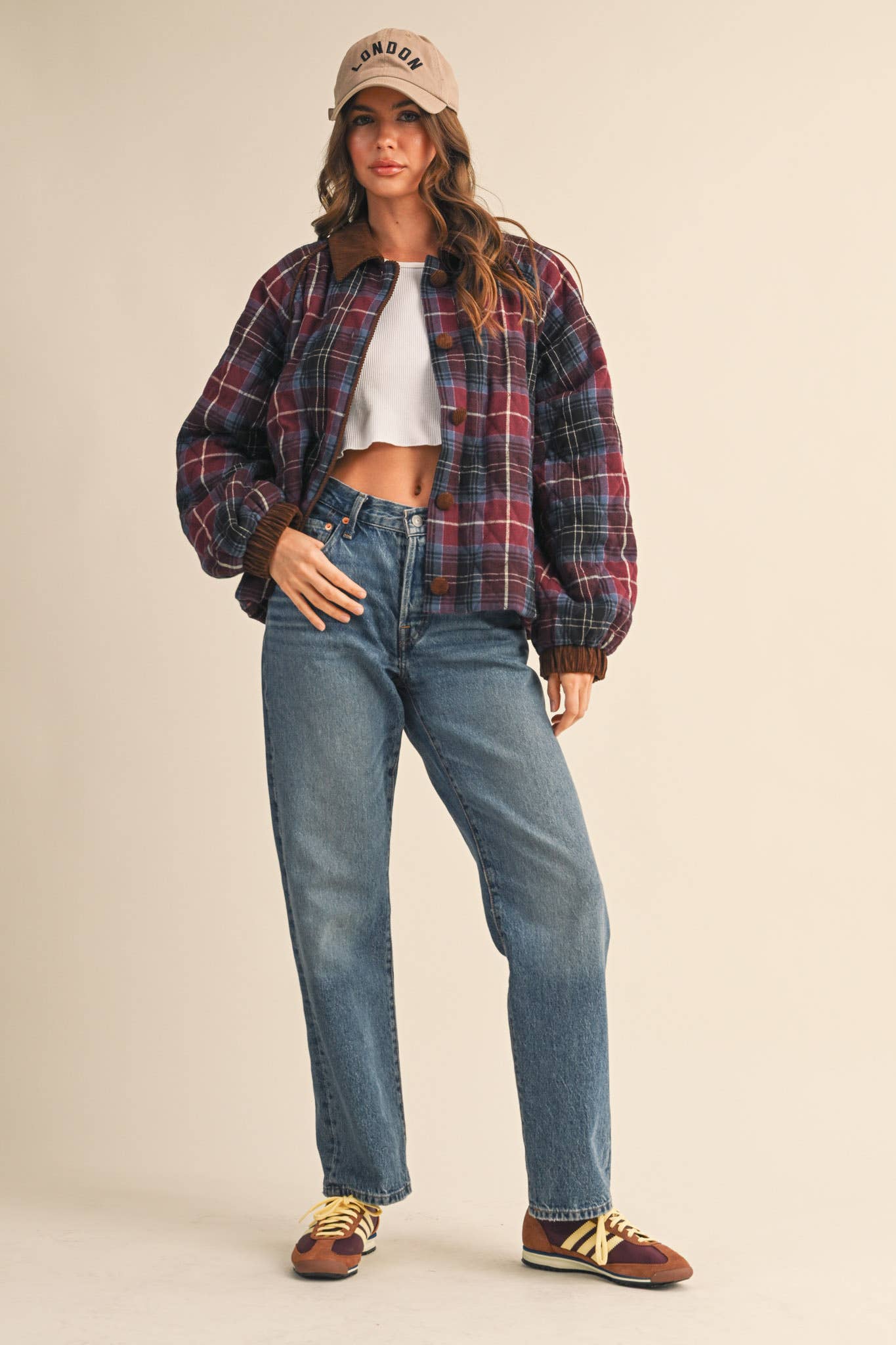 Plaid Quilted Jacket with Corduroy Detail