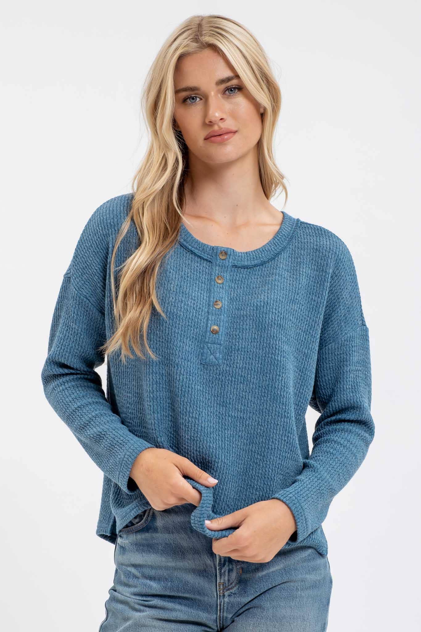 Waffle Knit Henley Long Sleeve