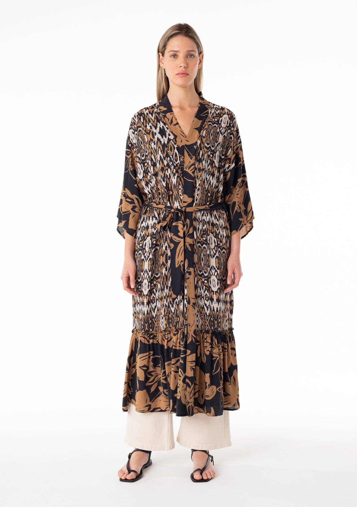 Tropical Ikat Printed Belted Maxi Kimono