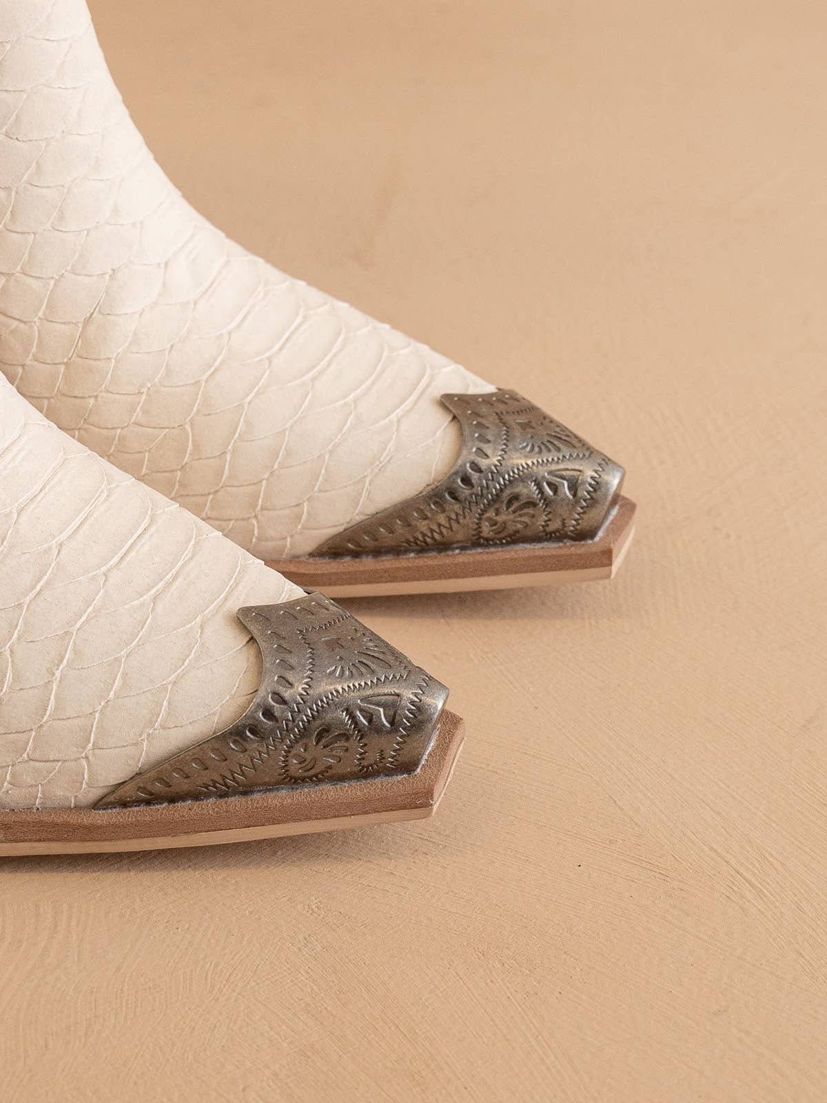 The Zion Beige | Elegant Western Bootie Etched Metal Toe