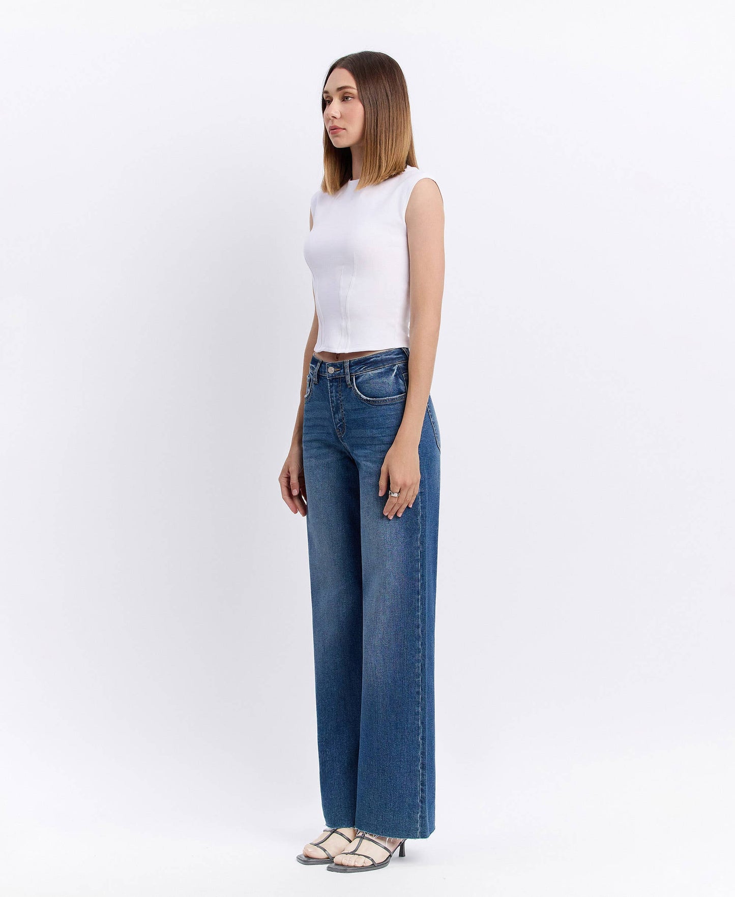 High-Rise Clean-Cut Raw Hem Wide Jeans