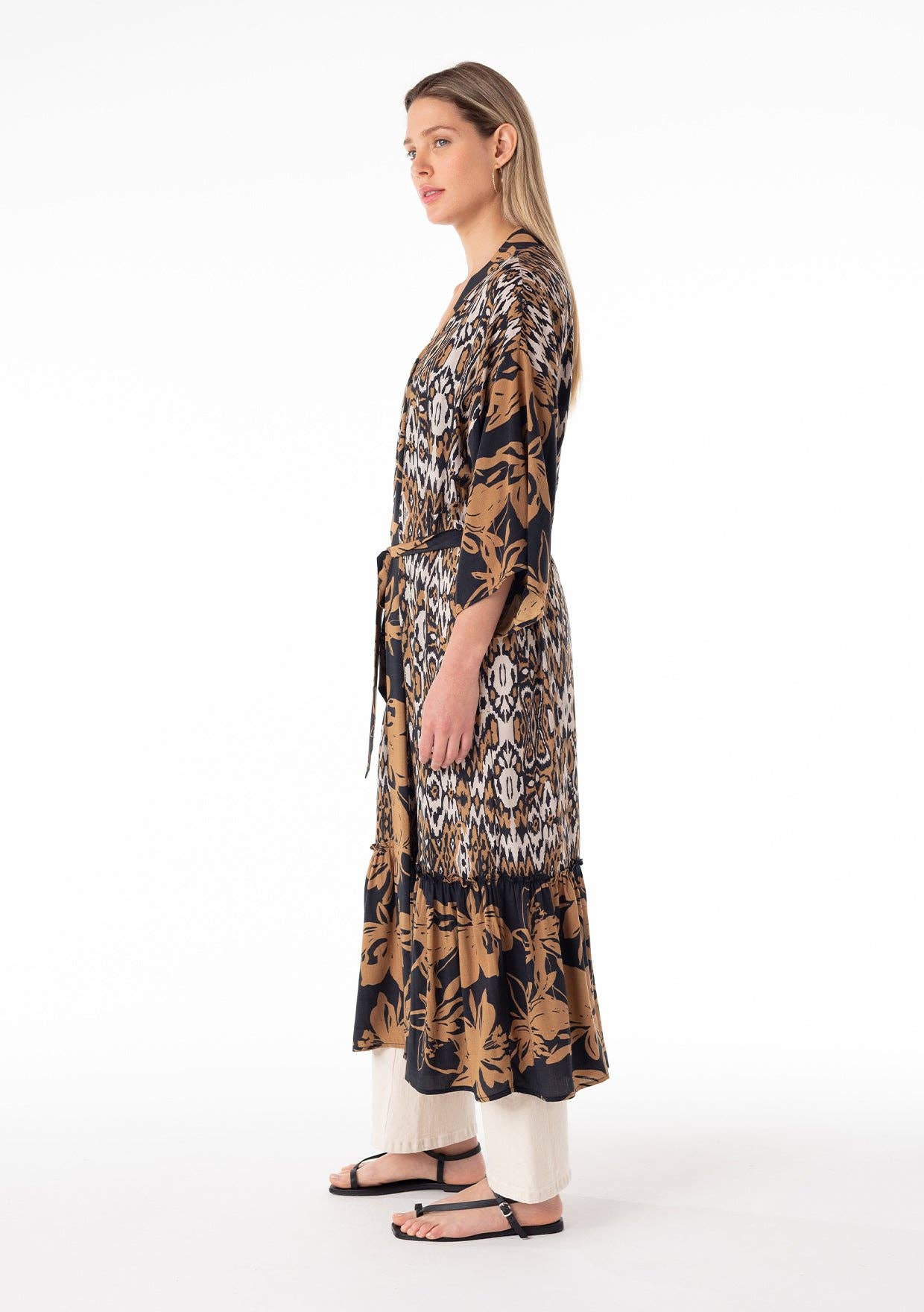 Tropical Ikat Printed Belted Maxi Kimono