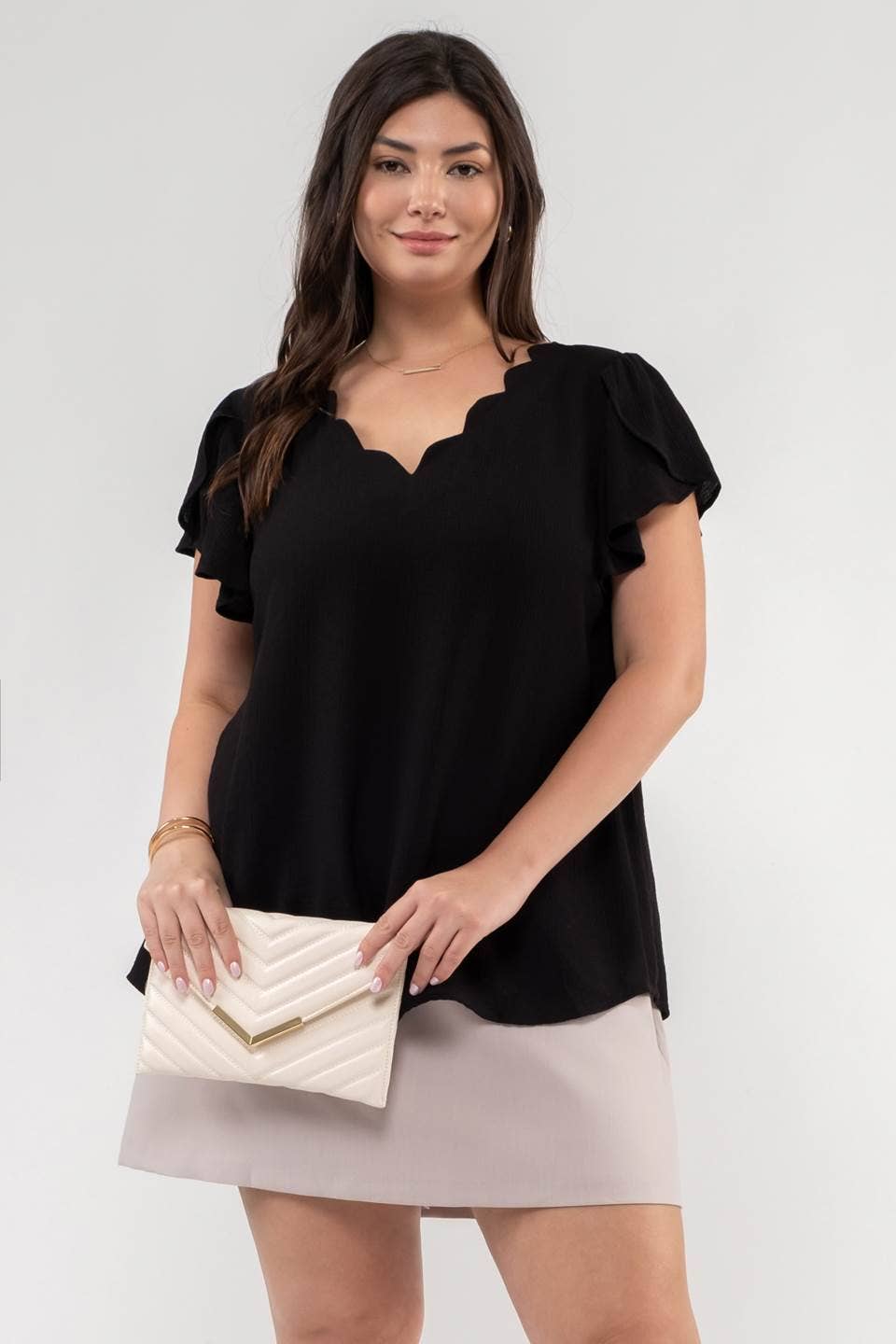 V-Neck Scallop Trim Blouse w/Tulip Sleeve