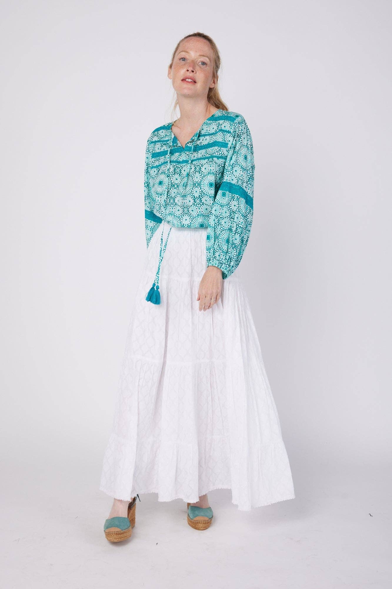 Leola Tassel Blouse Teal & White