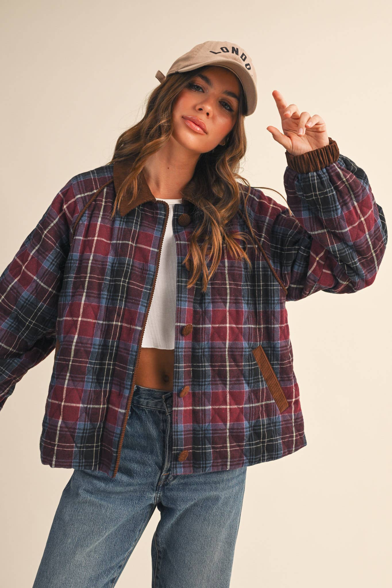 Plaid Quilted Jacket with Corduroy Detail
