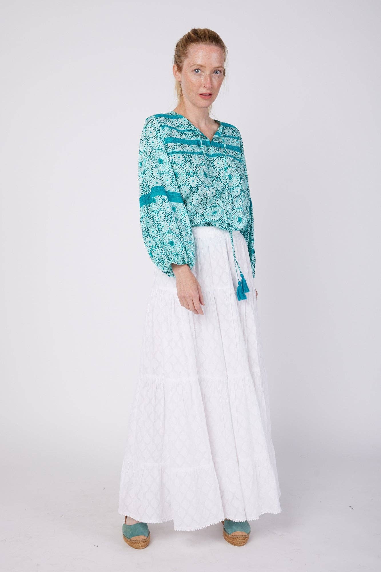 Leola Tassel Blouse Teal & White