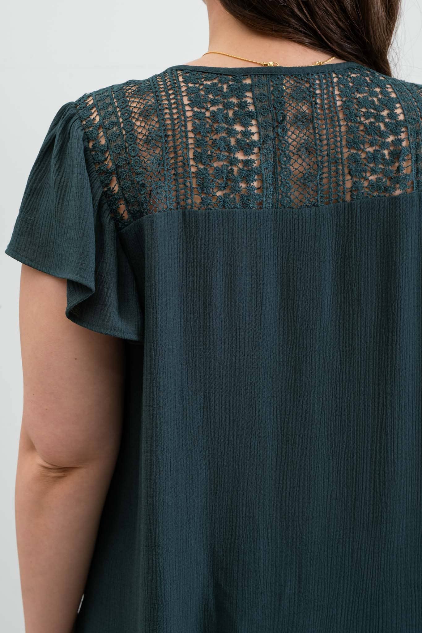 Eyelet V-Neck Lace Trim Top