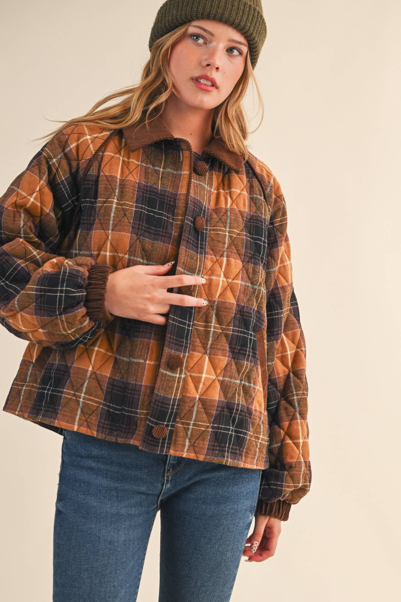 Plaid Quilted Jacket with Corduroy Detail