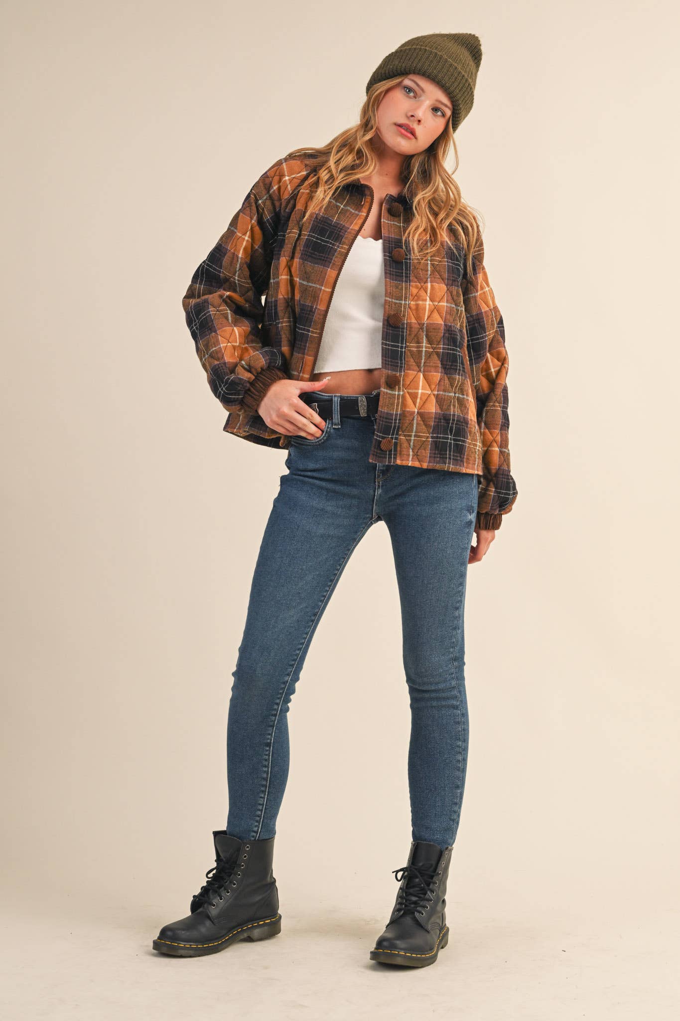 Plaid Quilted Jacket with Corduroy Detail