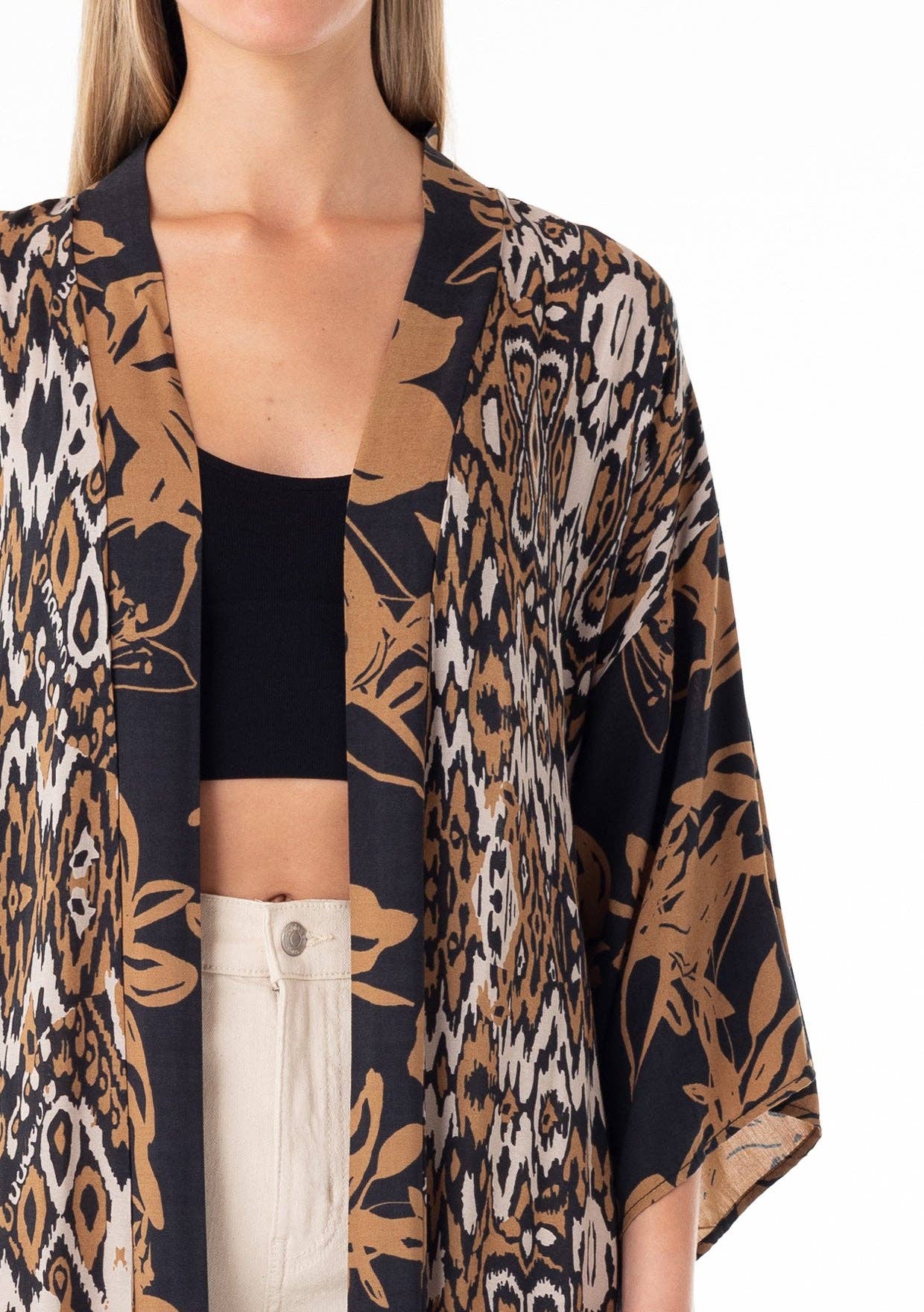 Tropical Ikat Printed Belted Maxi Kimono